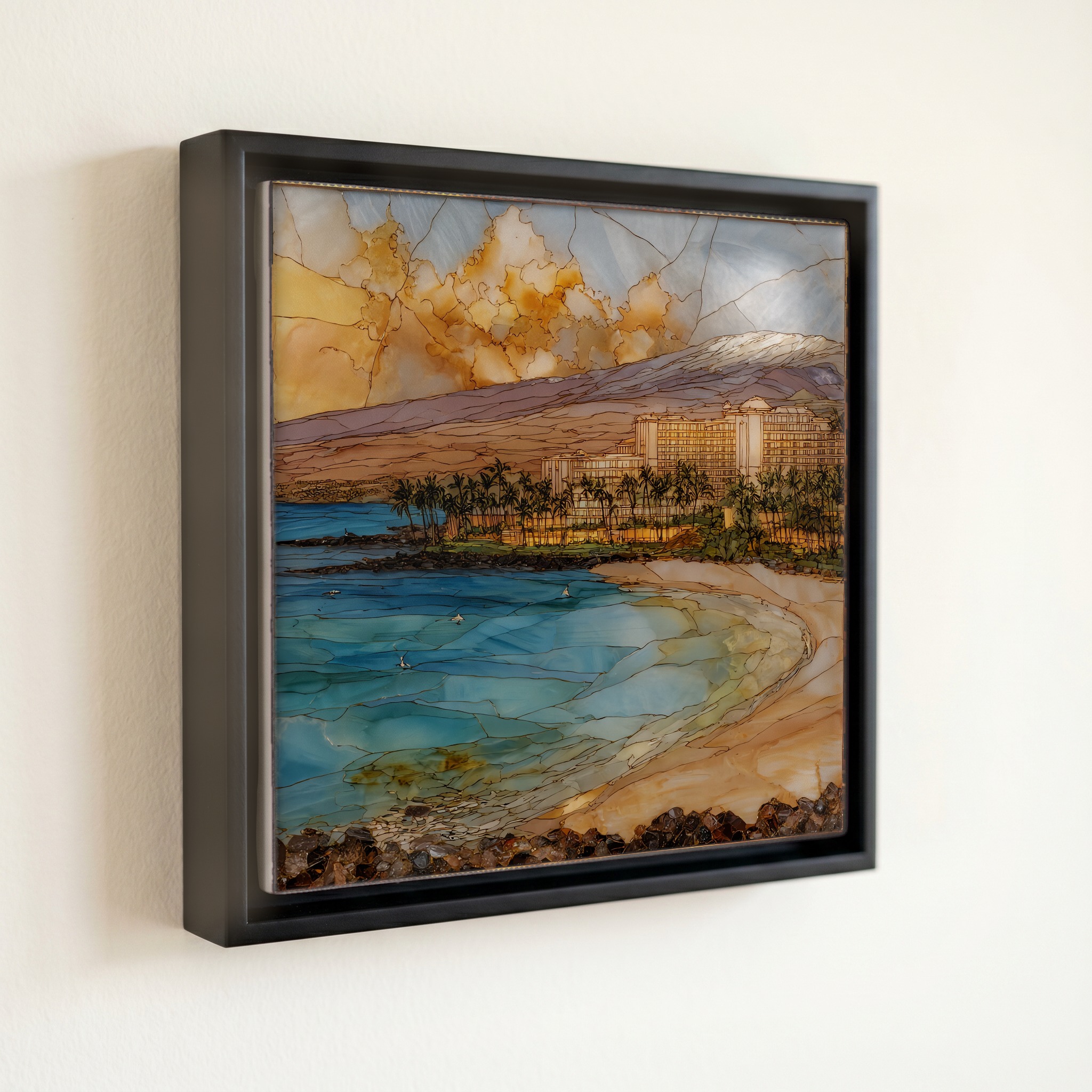 shown in a slim black floating frame · 6 × 6 in