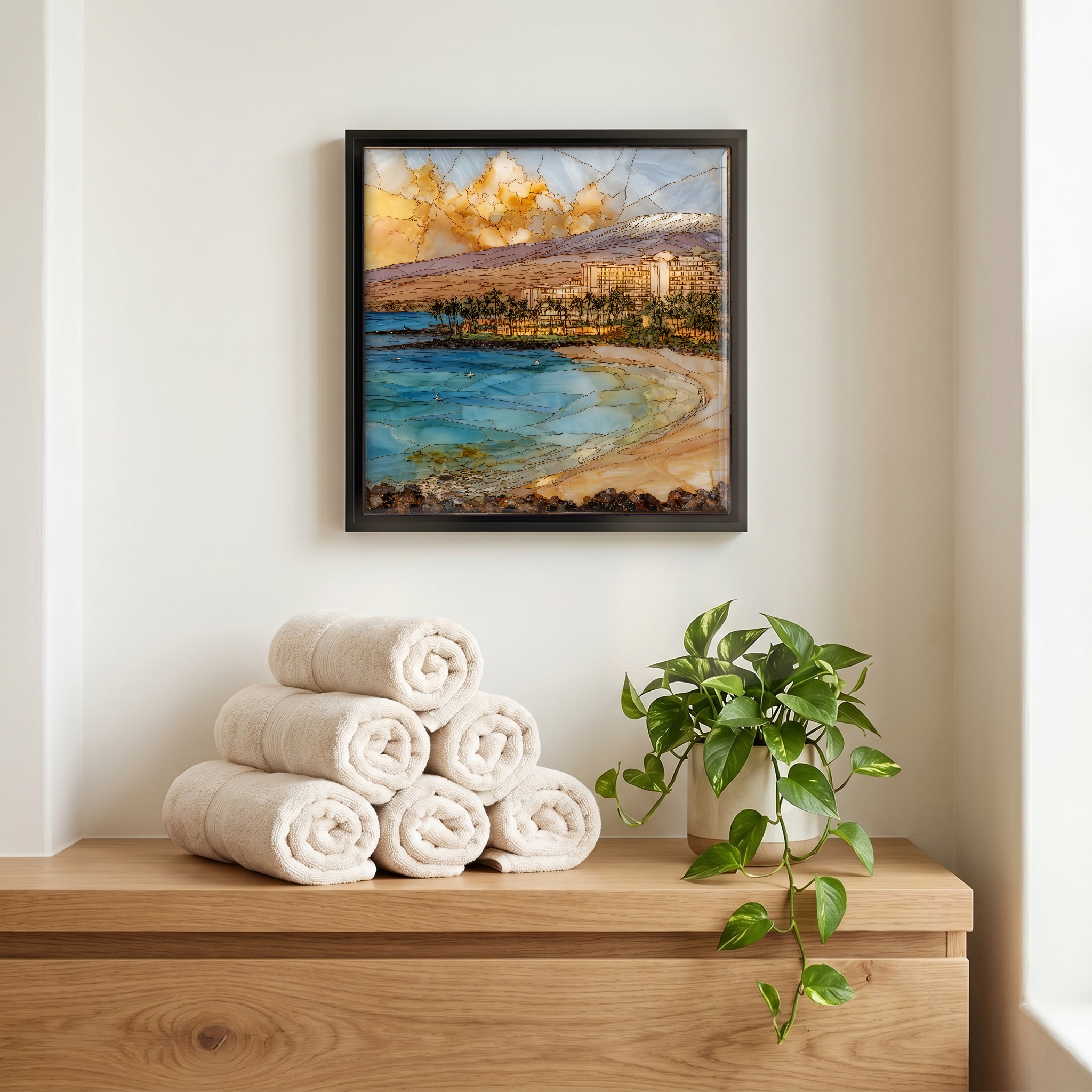 Above the linens, in a slim black surround.