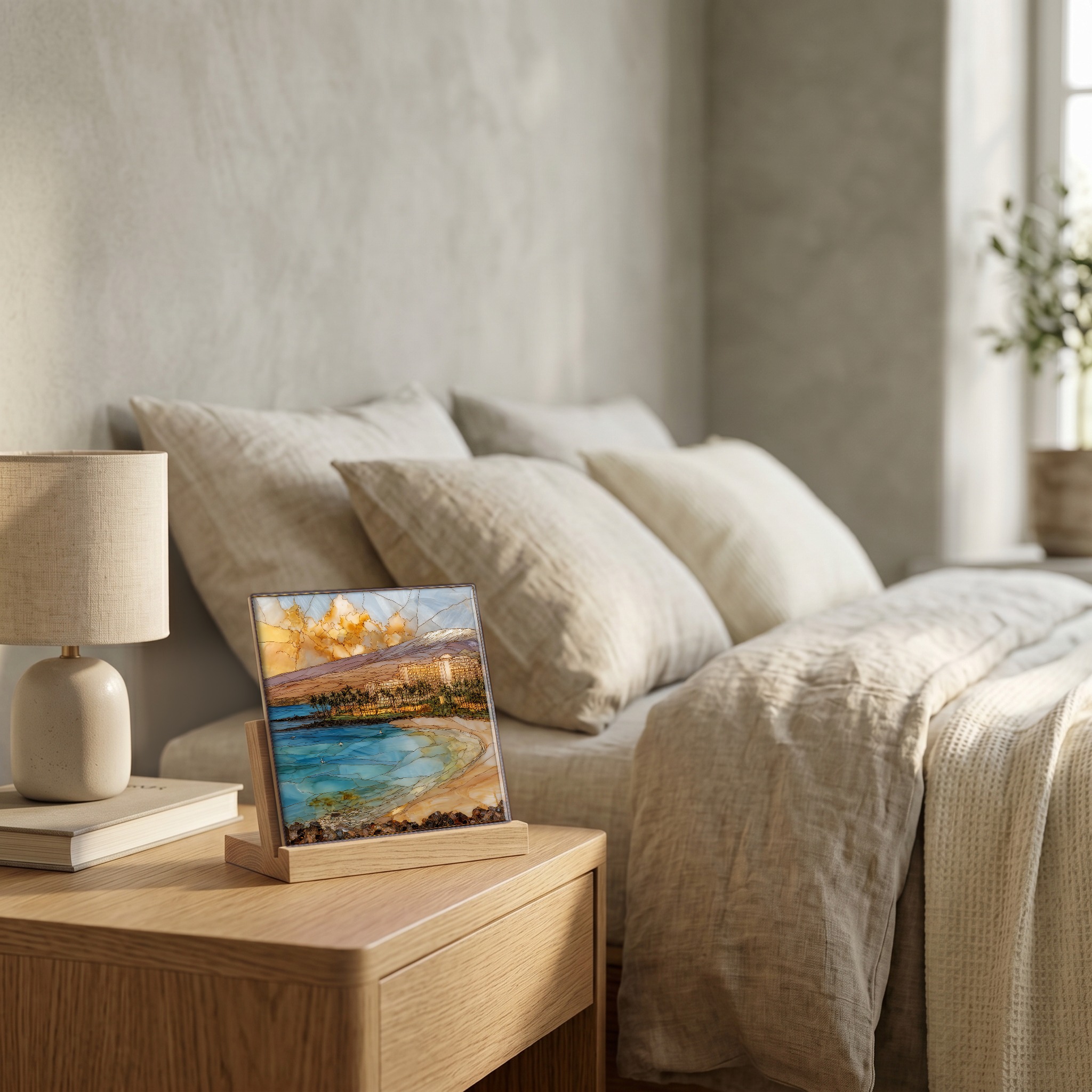 On the nightstand, on a light oak stand.