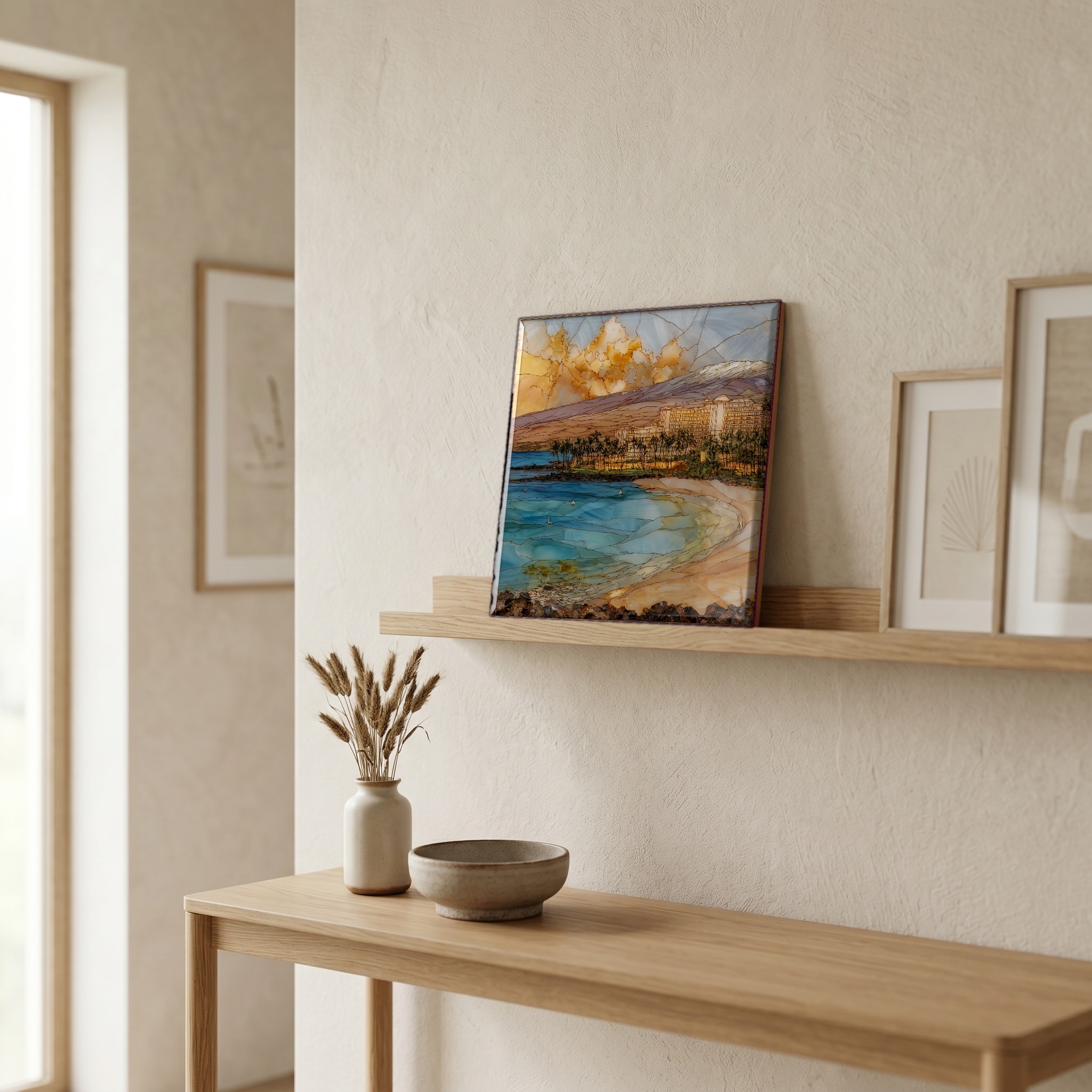 On a picture ledge, where the light comes in.