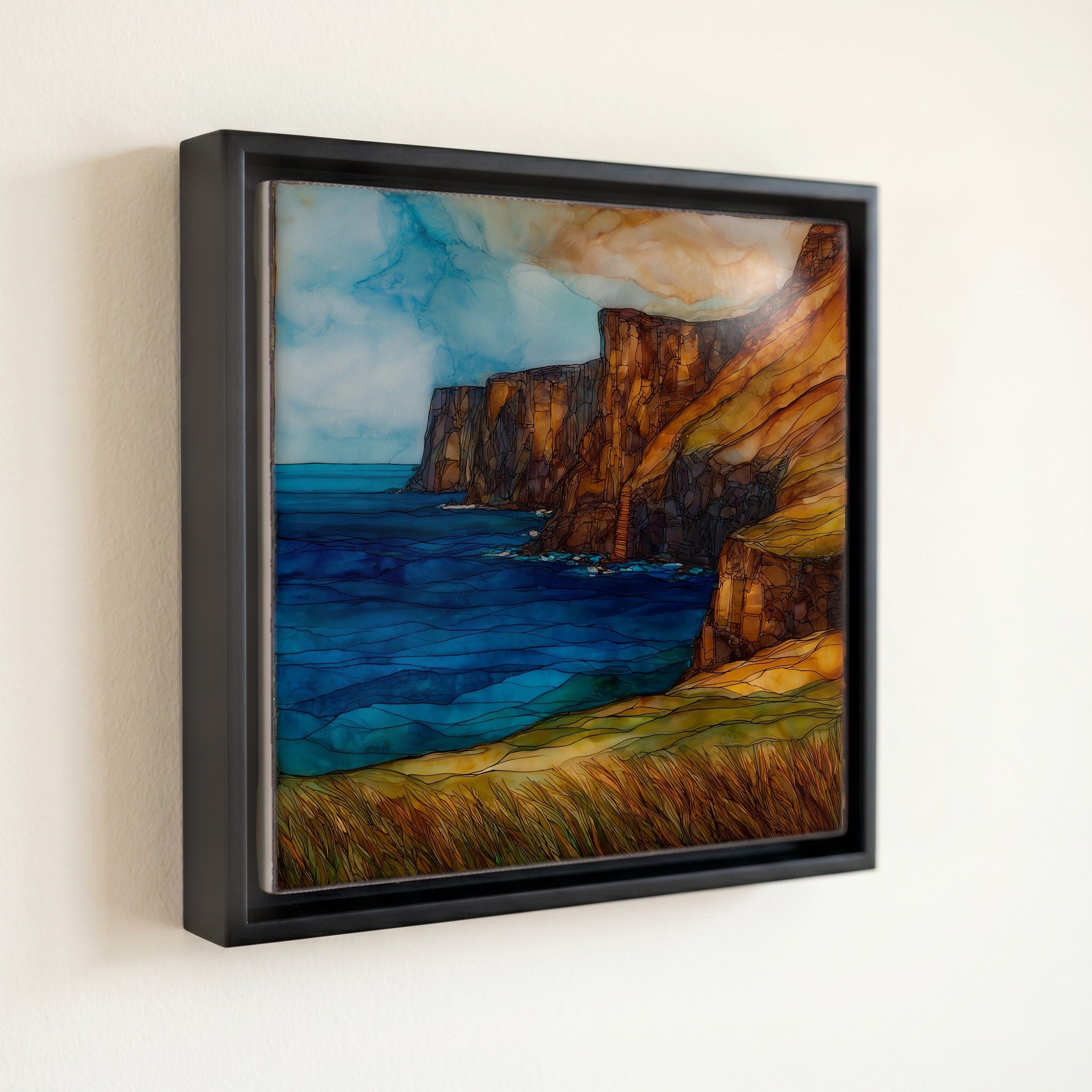 shown in a slim black floating frame · 6 × 6 in