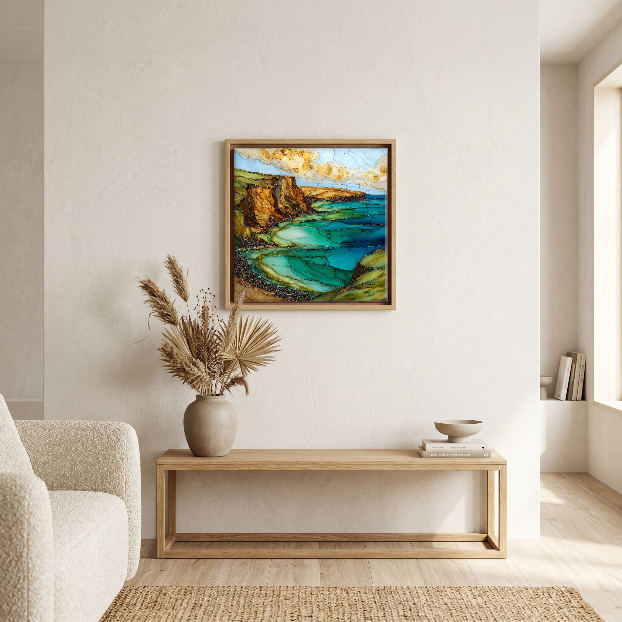 Above the bench, in a warm oak surround.