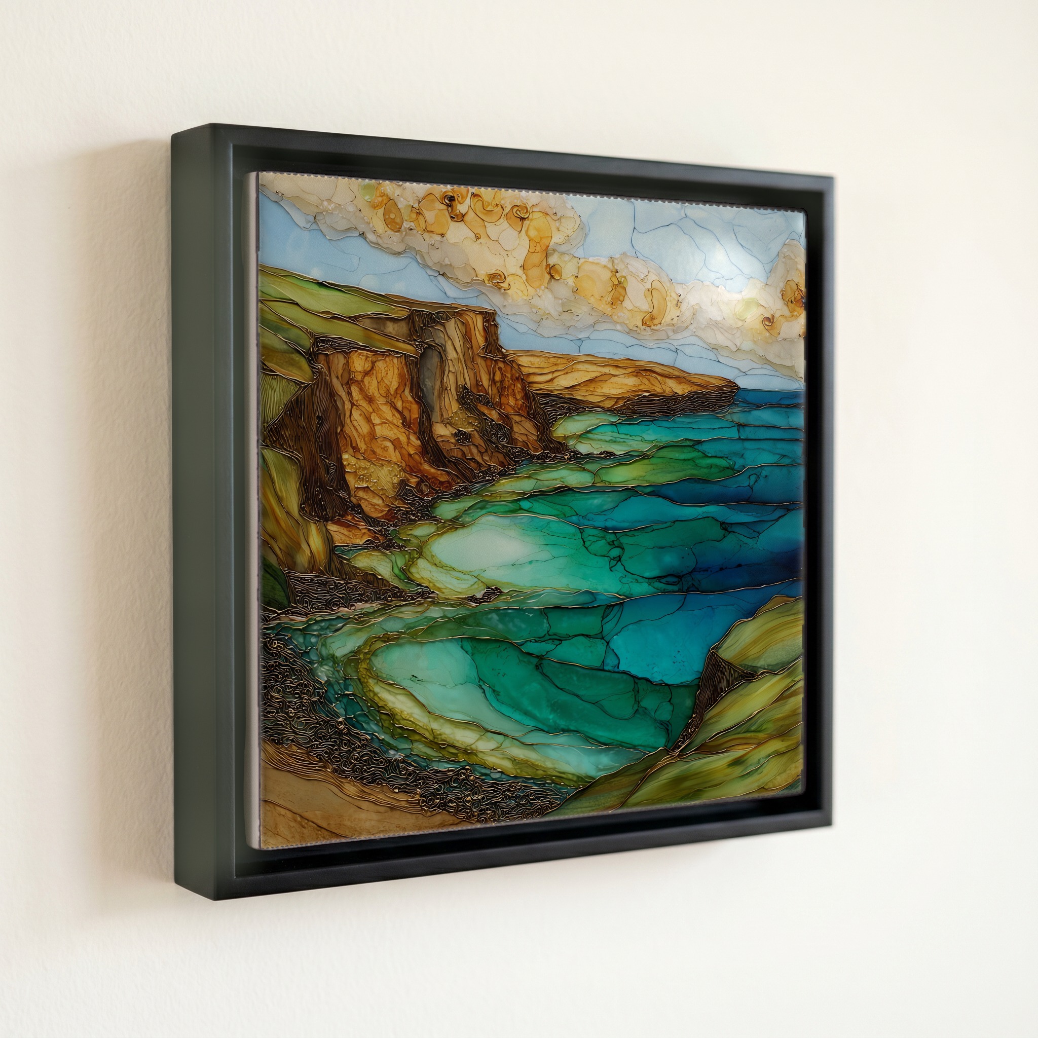 shown in a slim black floating frame · 6 × 6 in