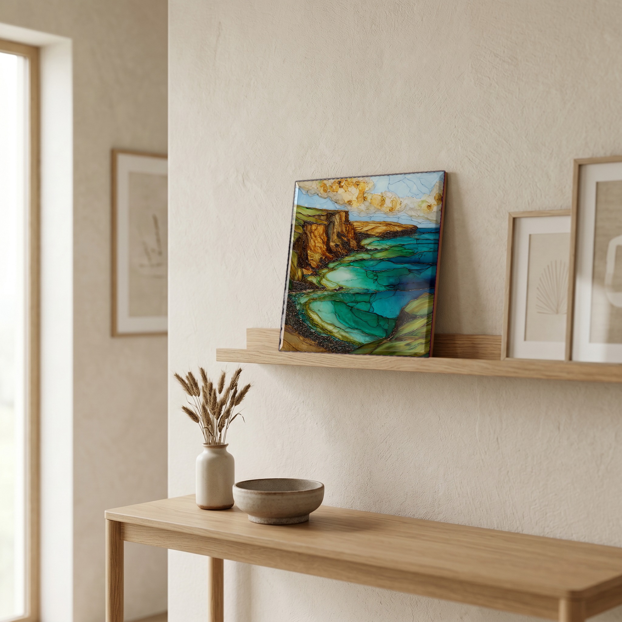 On a picture ledge, where the light comes in.