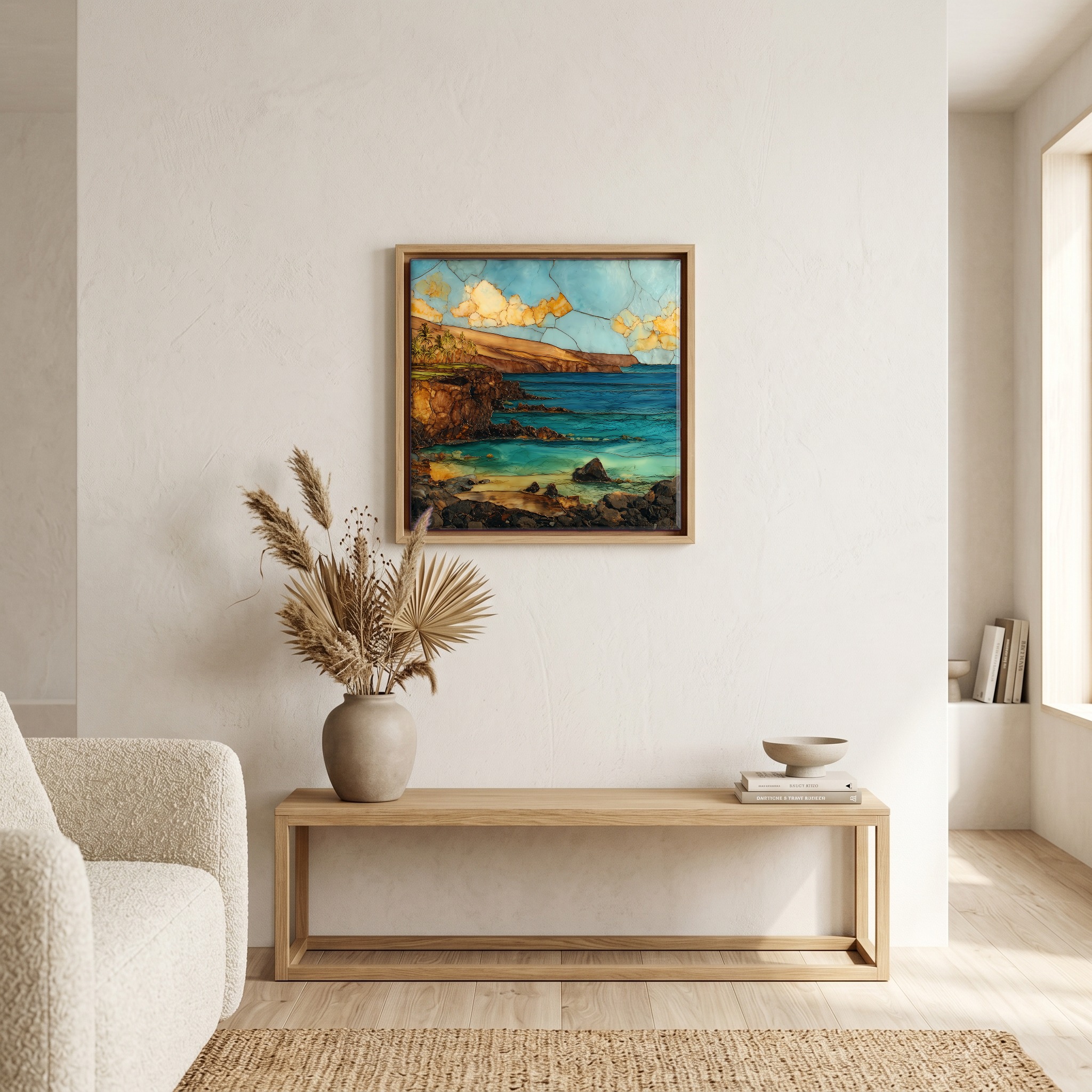 Above the bench, in a warm oak surround.