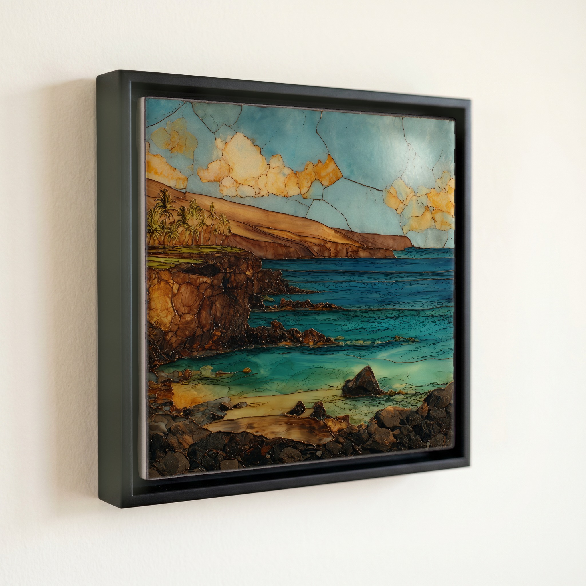 shown in a slim black floating frame · 6 × 6 in