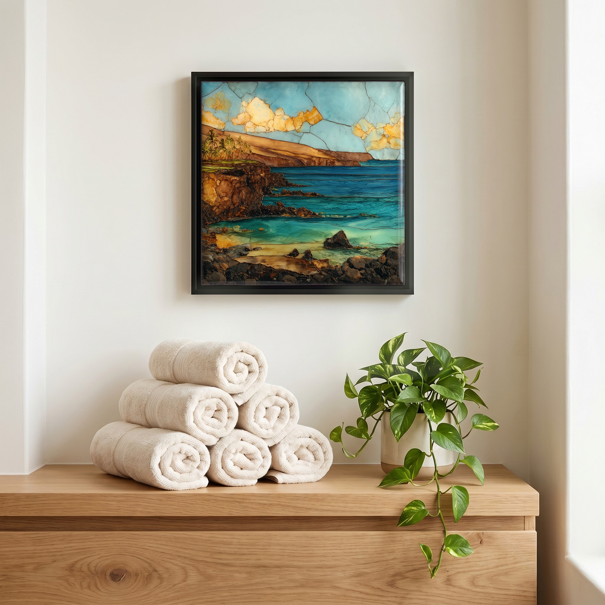 Above the linens, in a slim black surround.