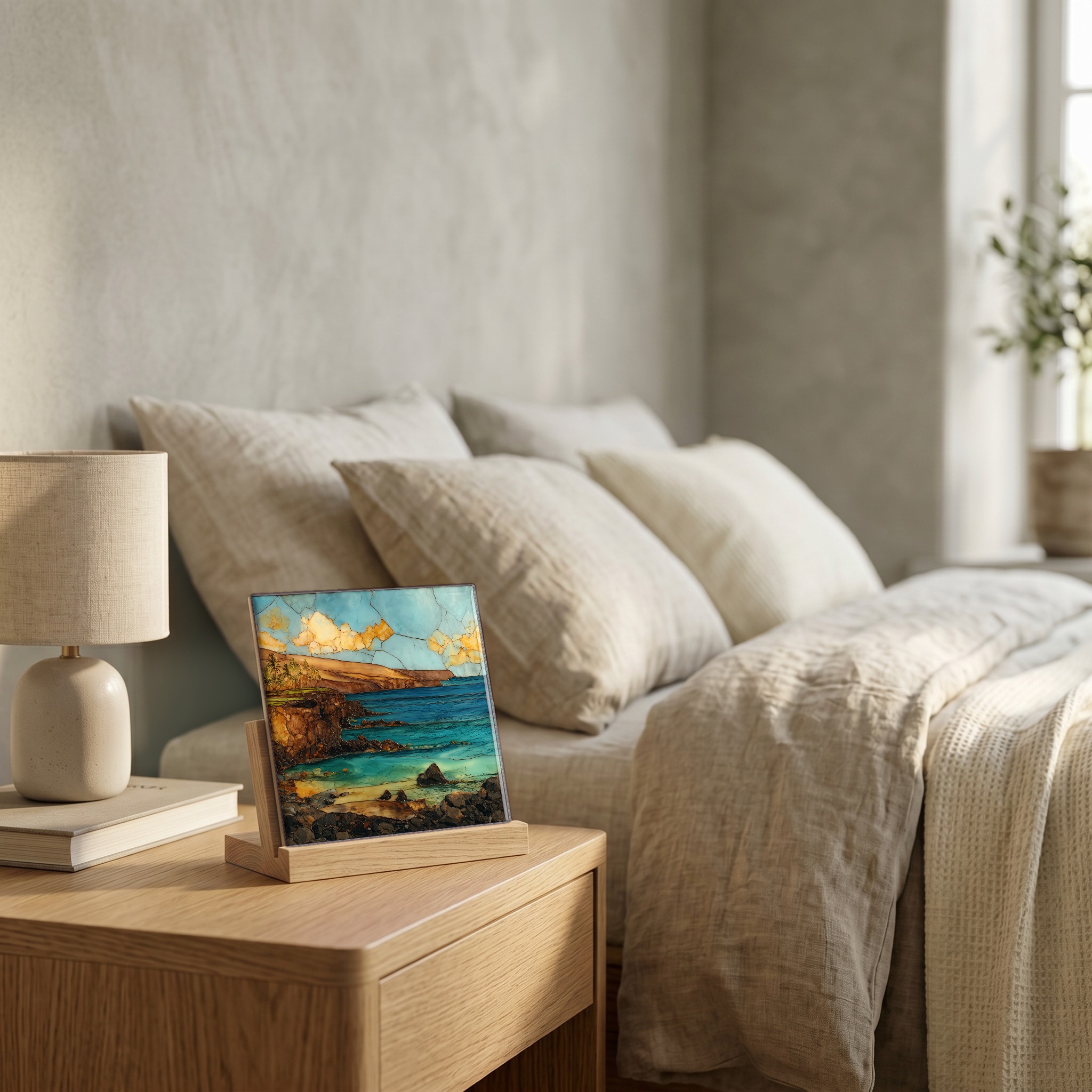 On the nightstand, on a light oak stand.