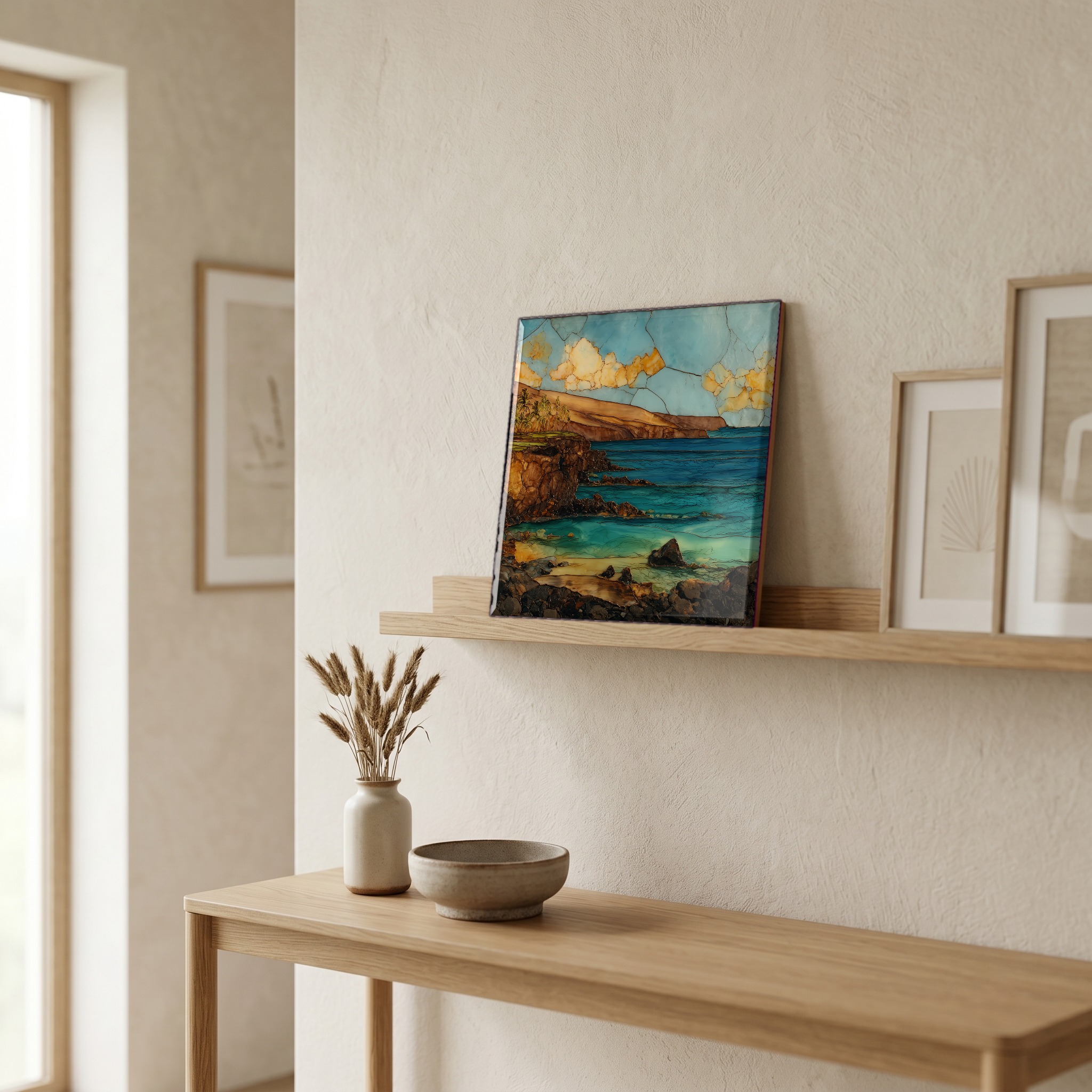 On a picture ledge, where the light comes in.
