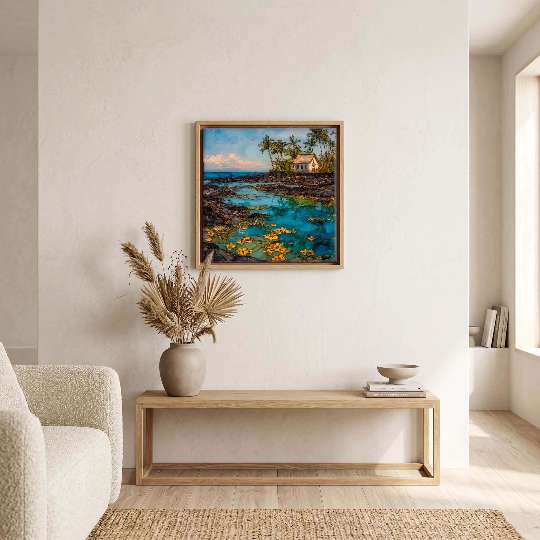 Above the bench, in a warm oak surround.