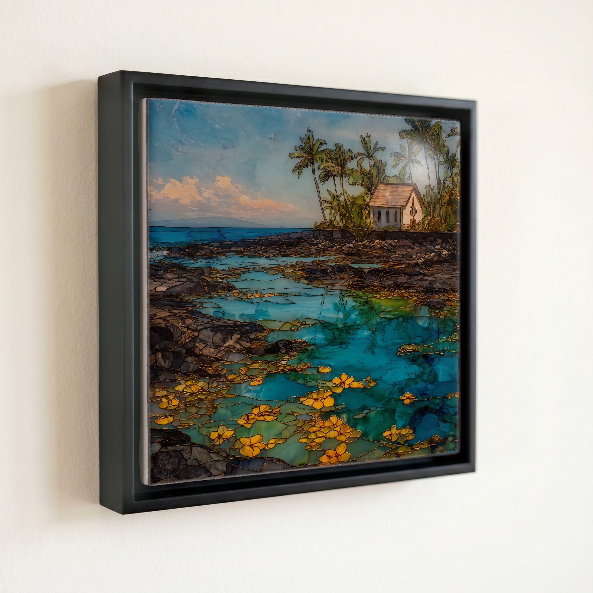 shown in a slim black floating frame · 6 × 6 in