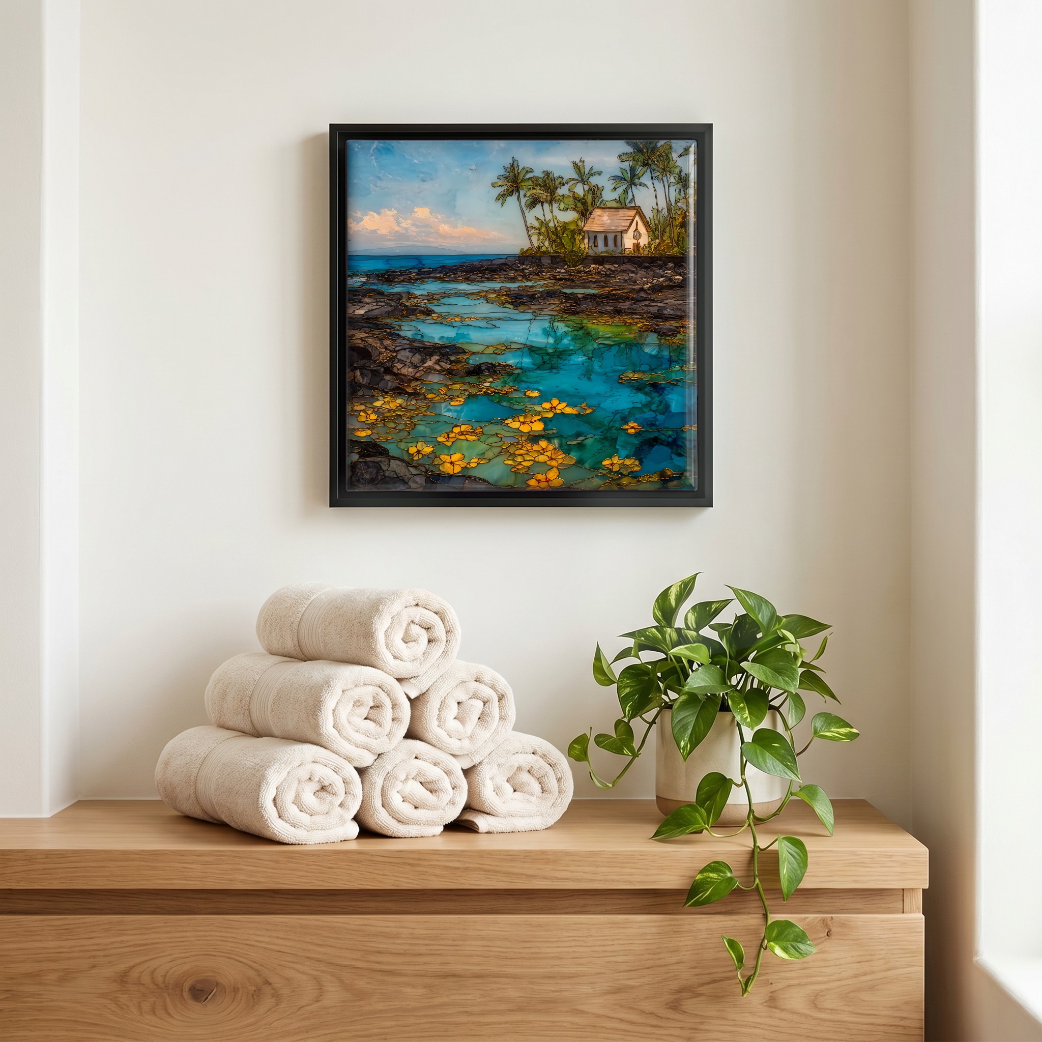 Above the linens, in a slim black surround.
