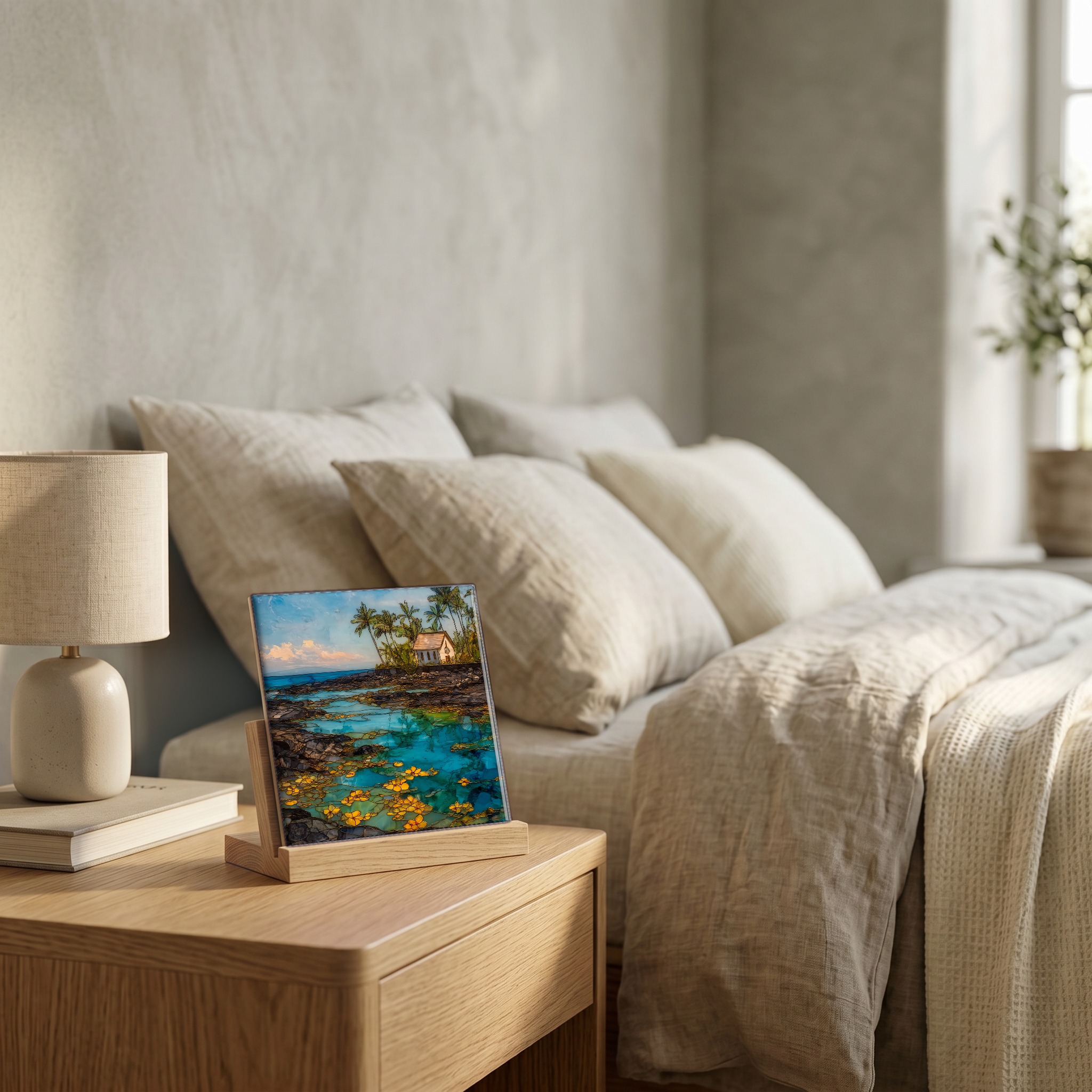 On the nightstand, on a light oak stand.