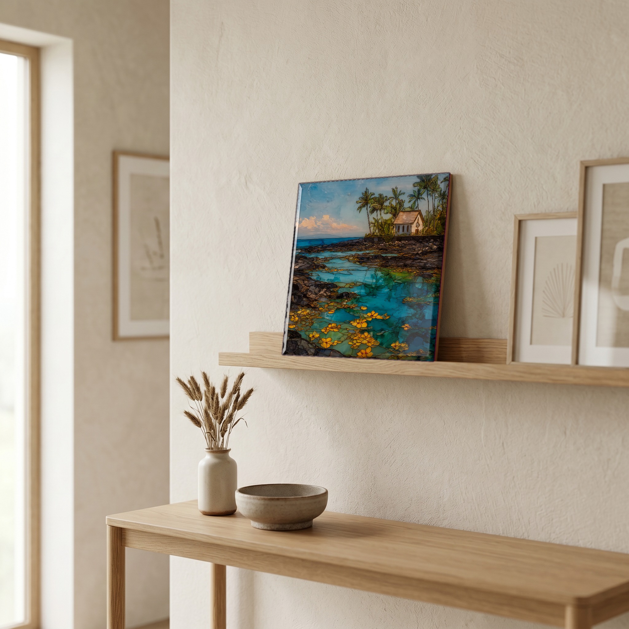 On a picture ledge, where the light comes in.