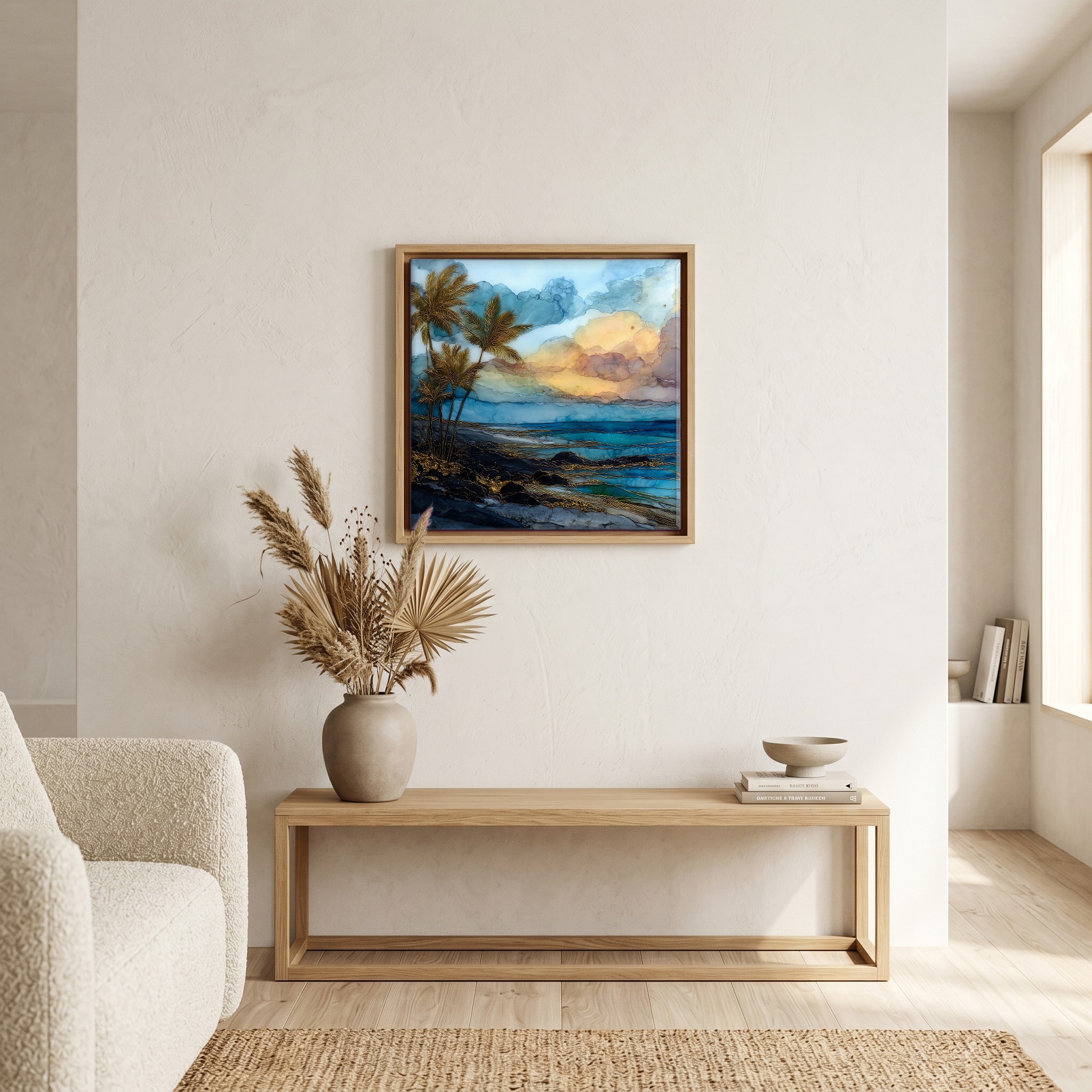 Above the bench, in a warm oak surround.