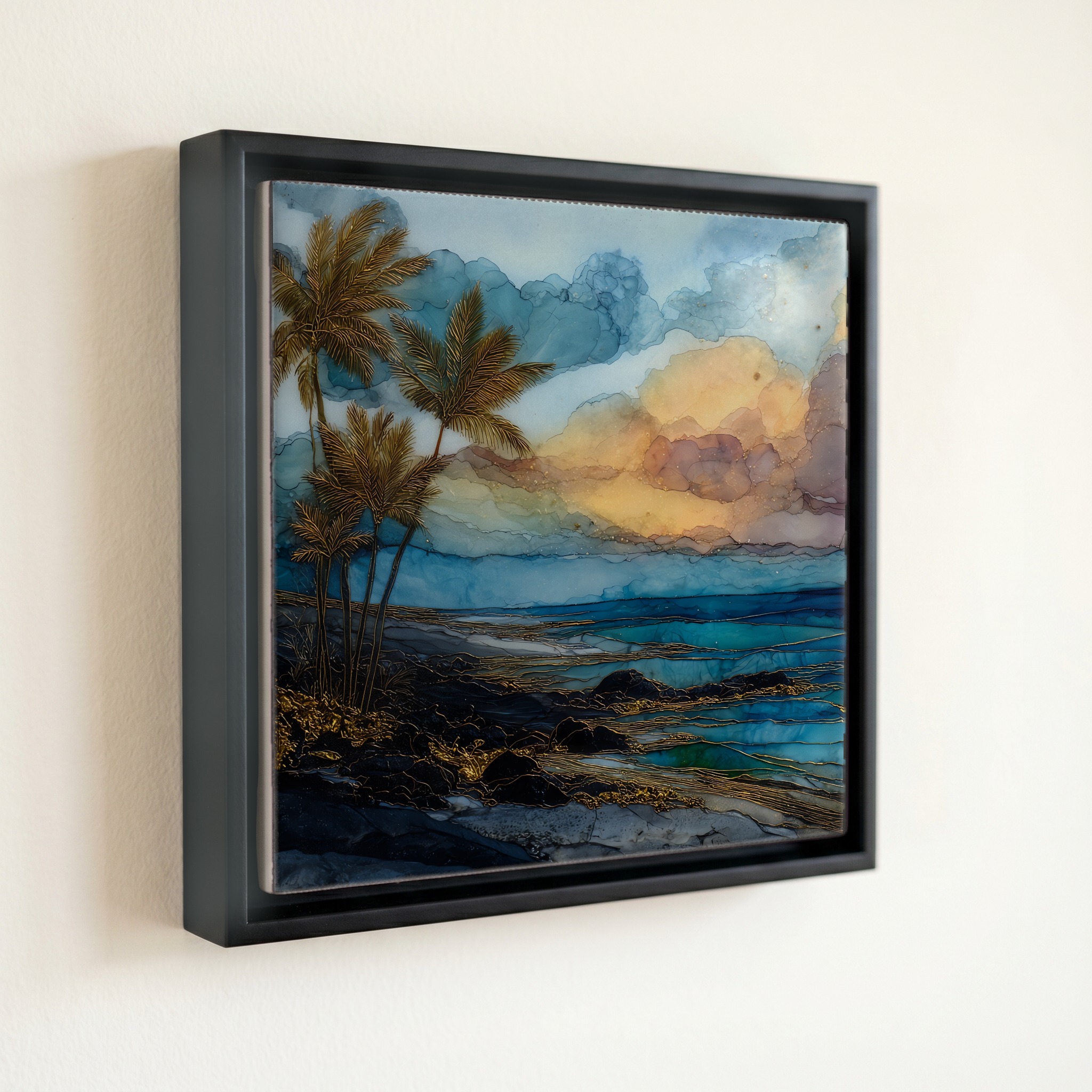 shown in a slim black floating frame · 6 × 6 in