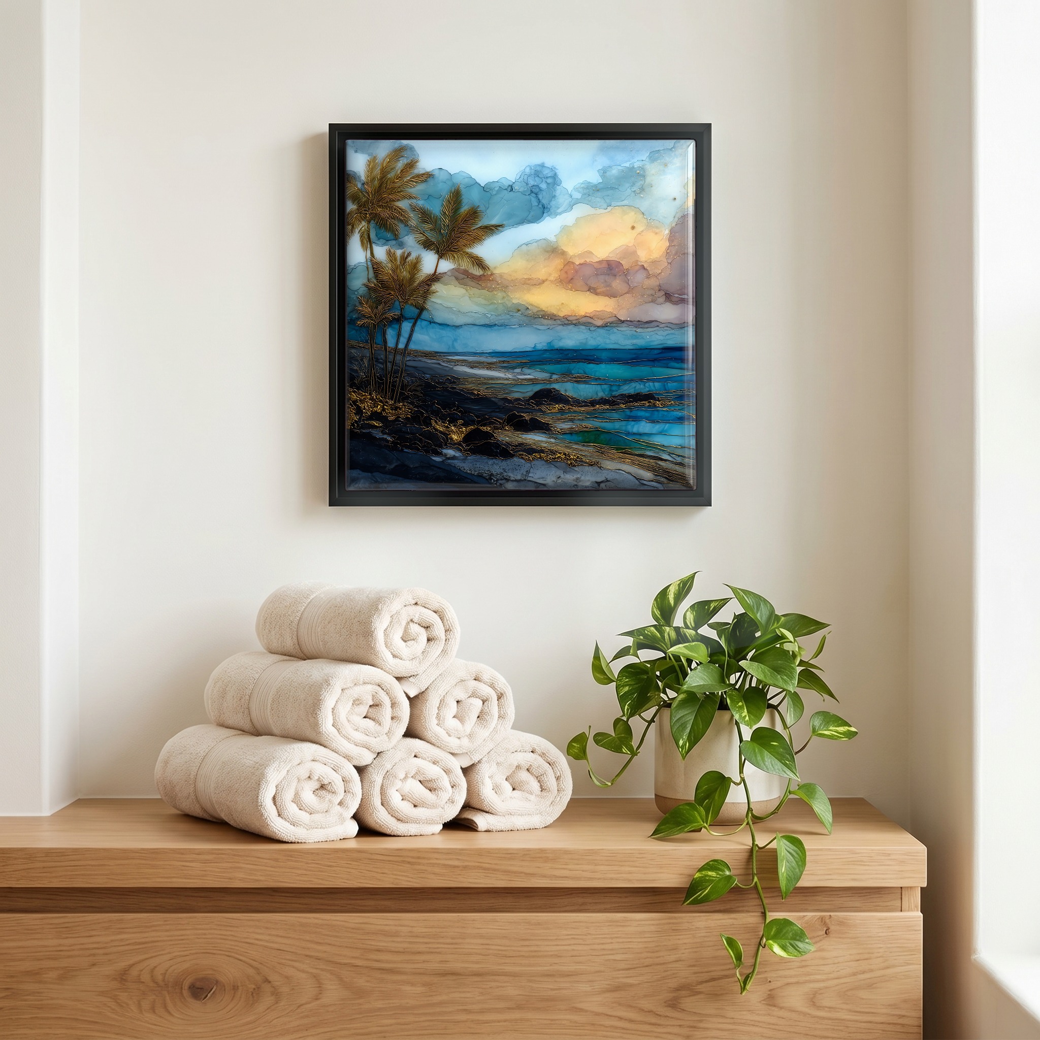 Above the linens, in a slim black surround.