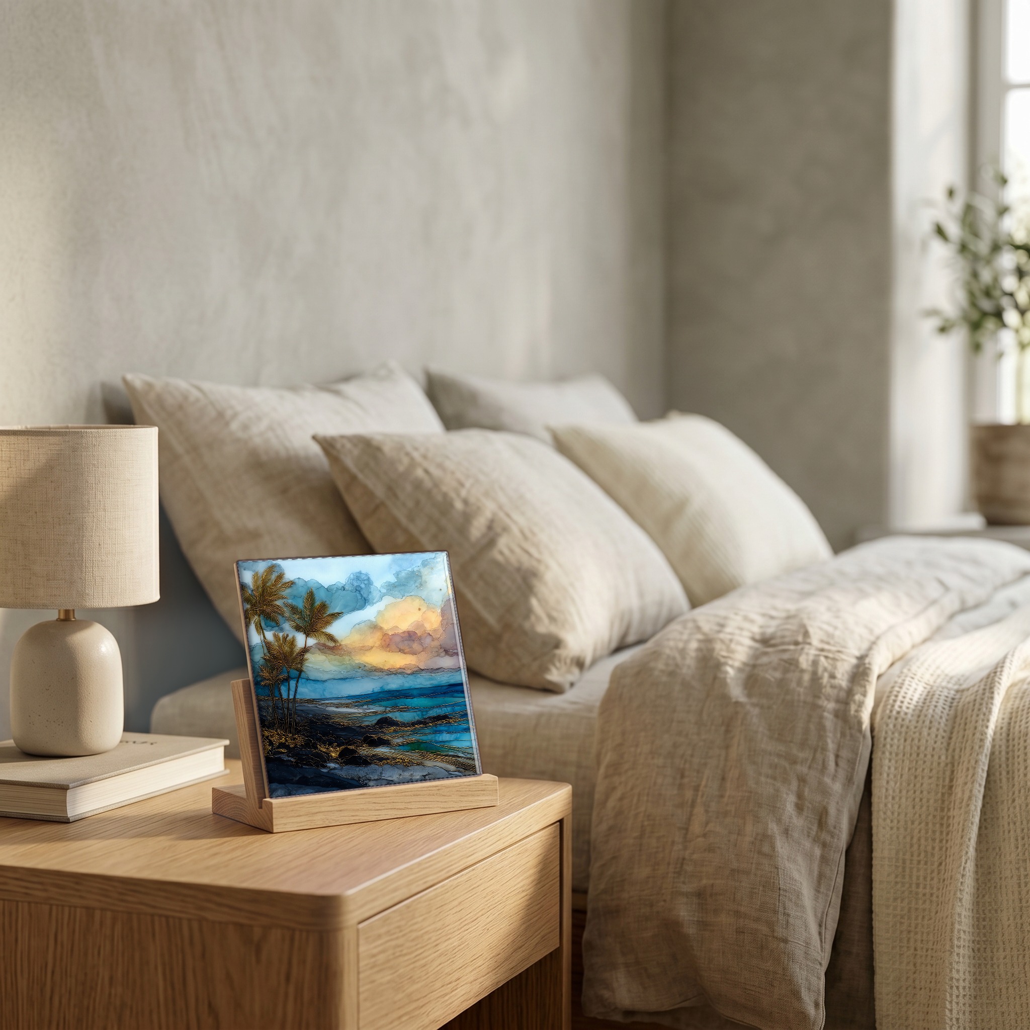 On the nightstand, on a light oak stand.
