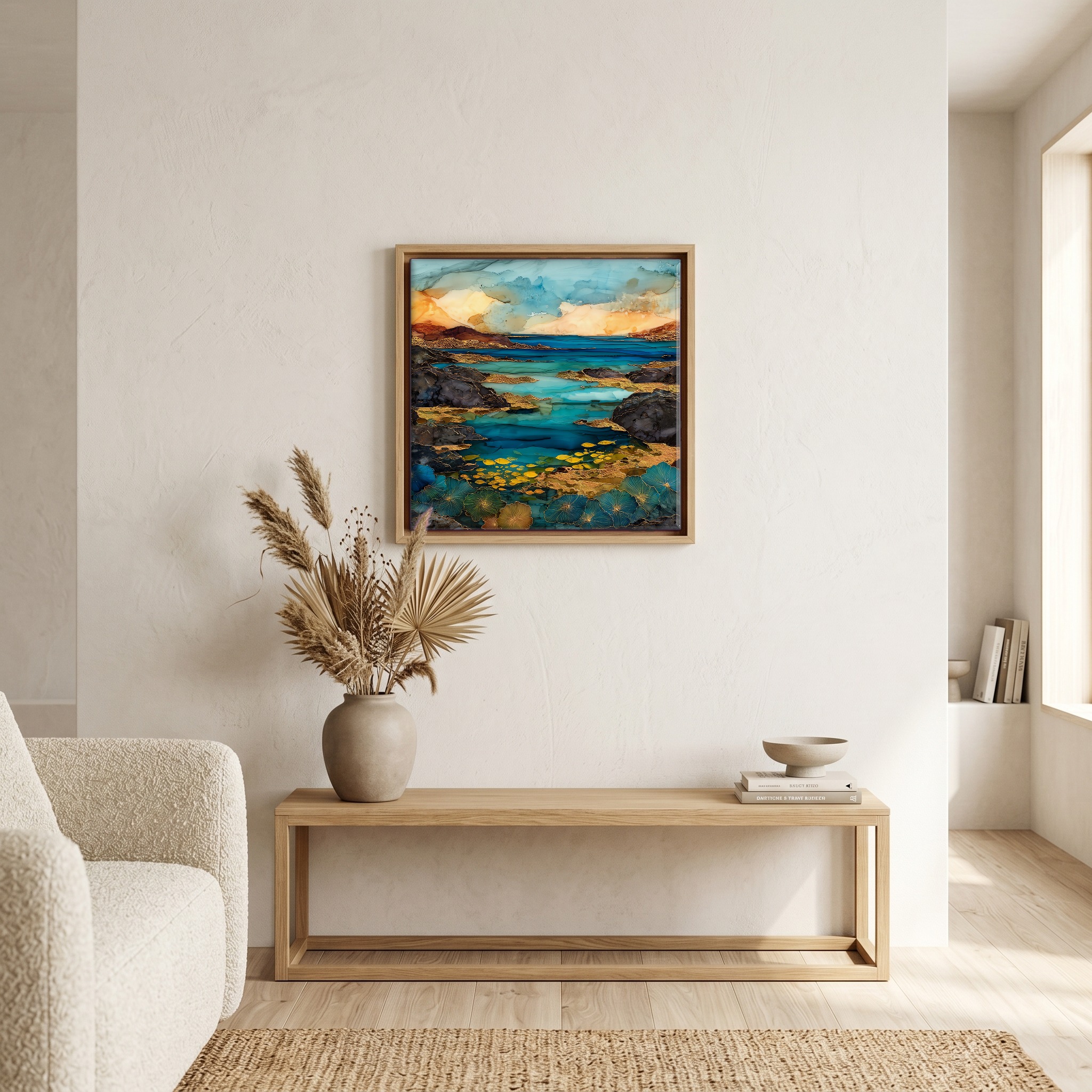 Above the bench, in a warm oak surround.