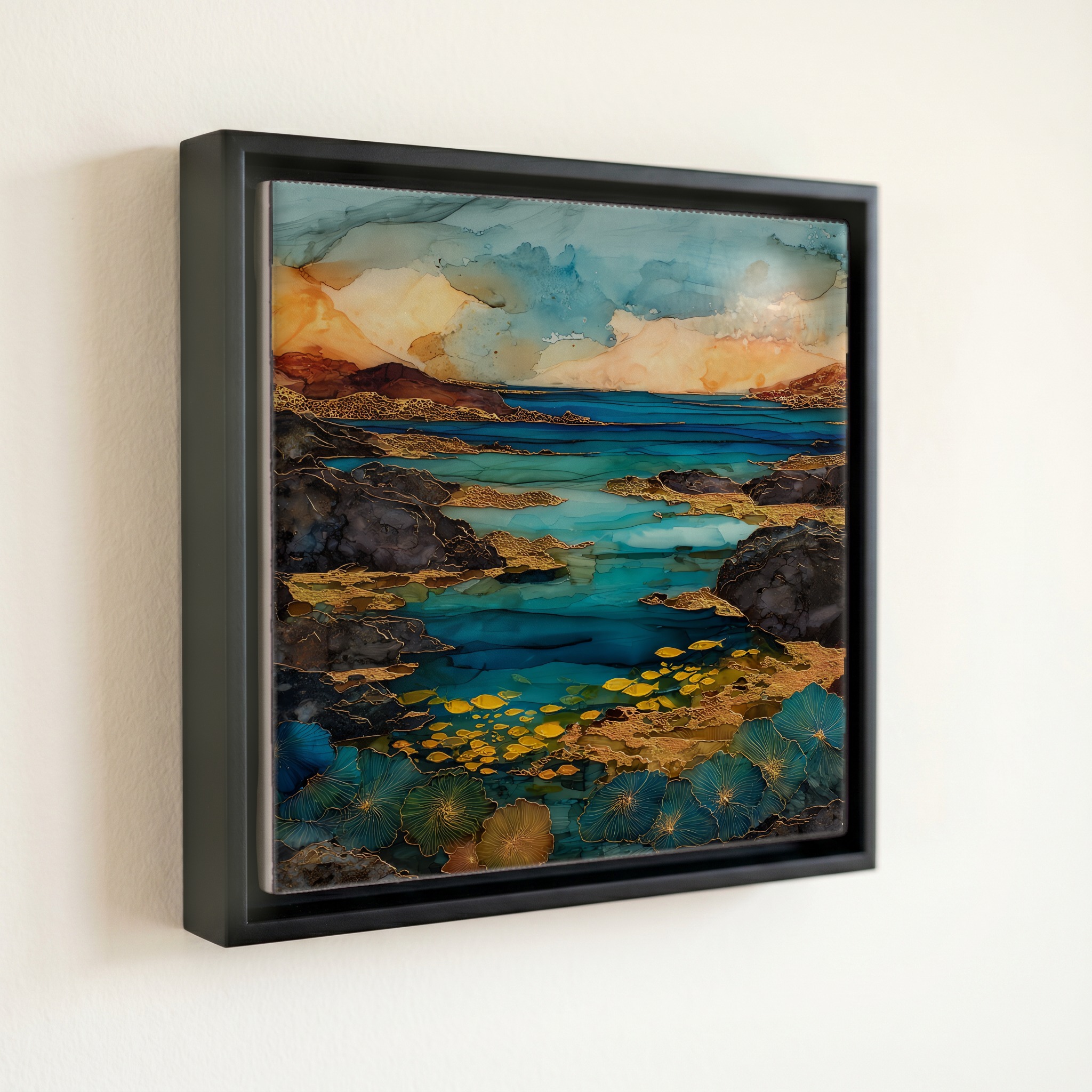 shown in a slim black floating frame · 6 × 6 in
