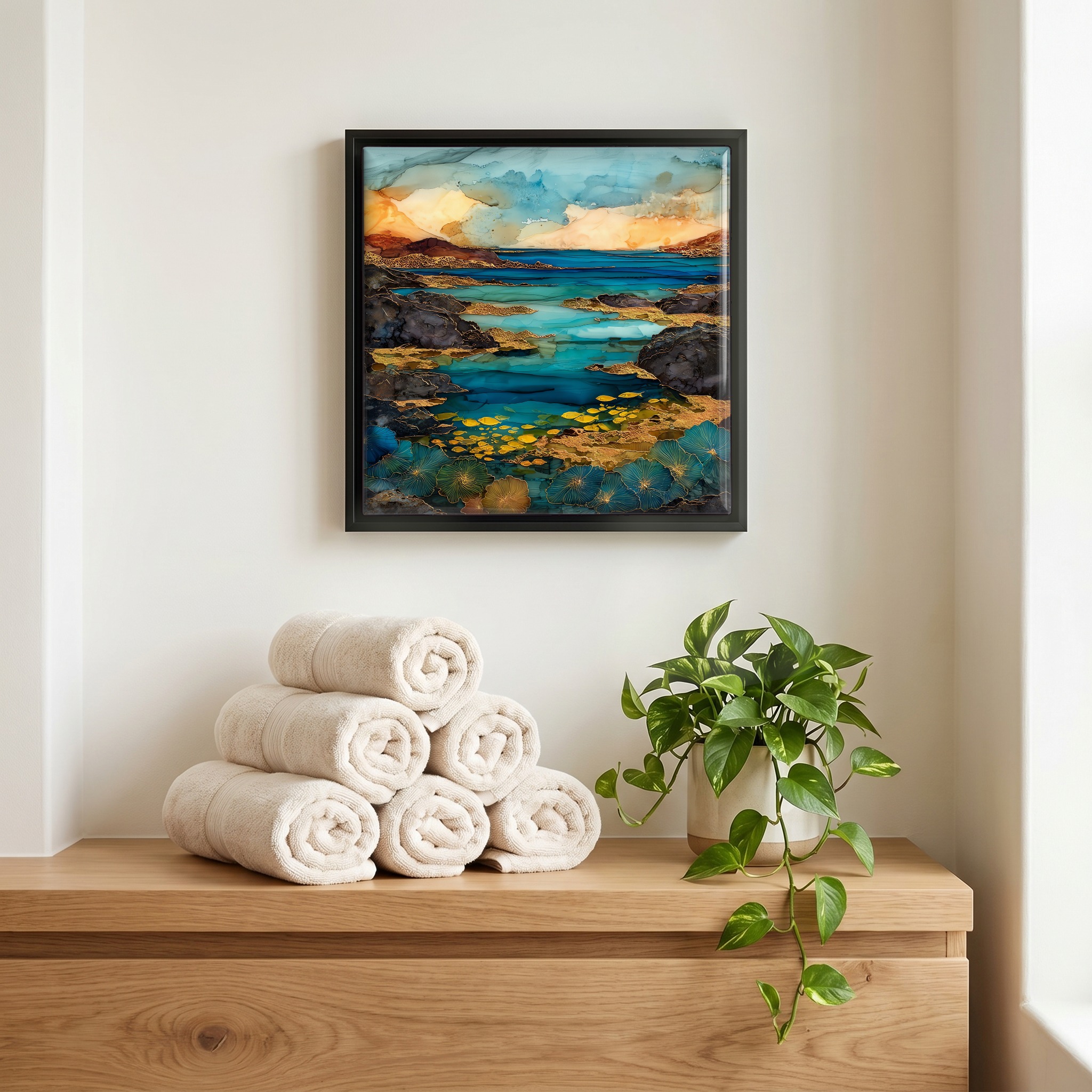 Above the linens, in a slim black surround.