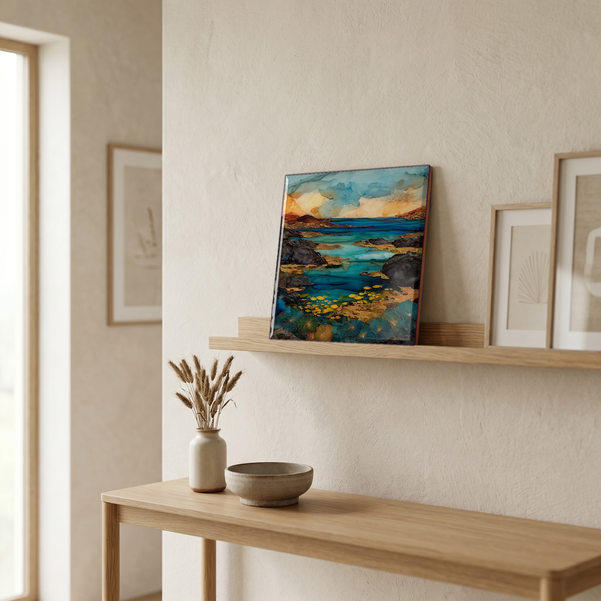 On a picture ledge, where the light comes in.