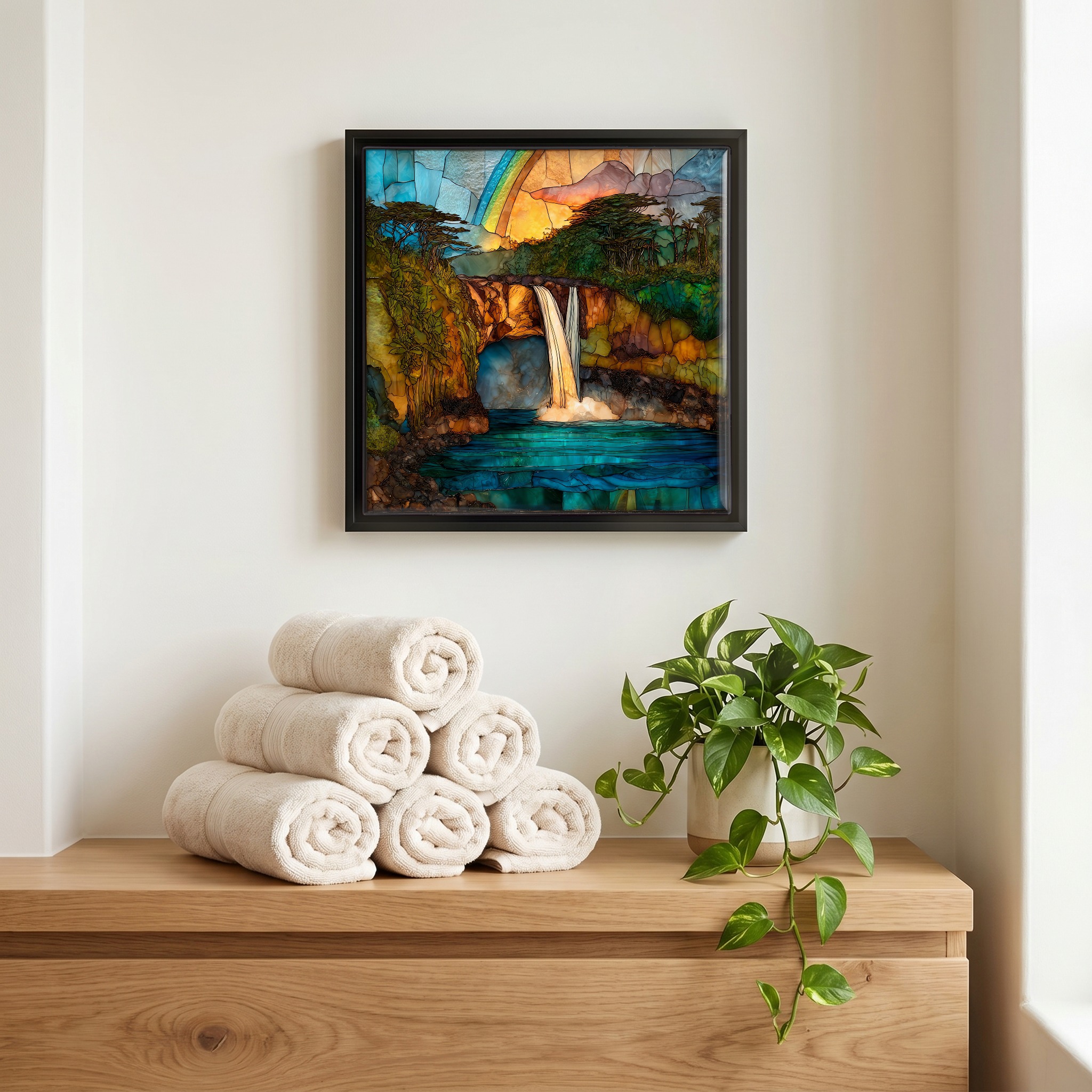 Above the linens, in a slim black surround.