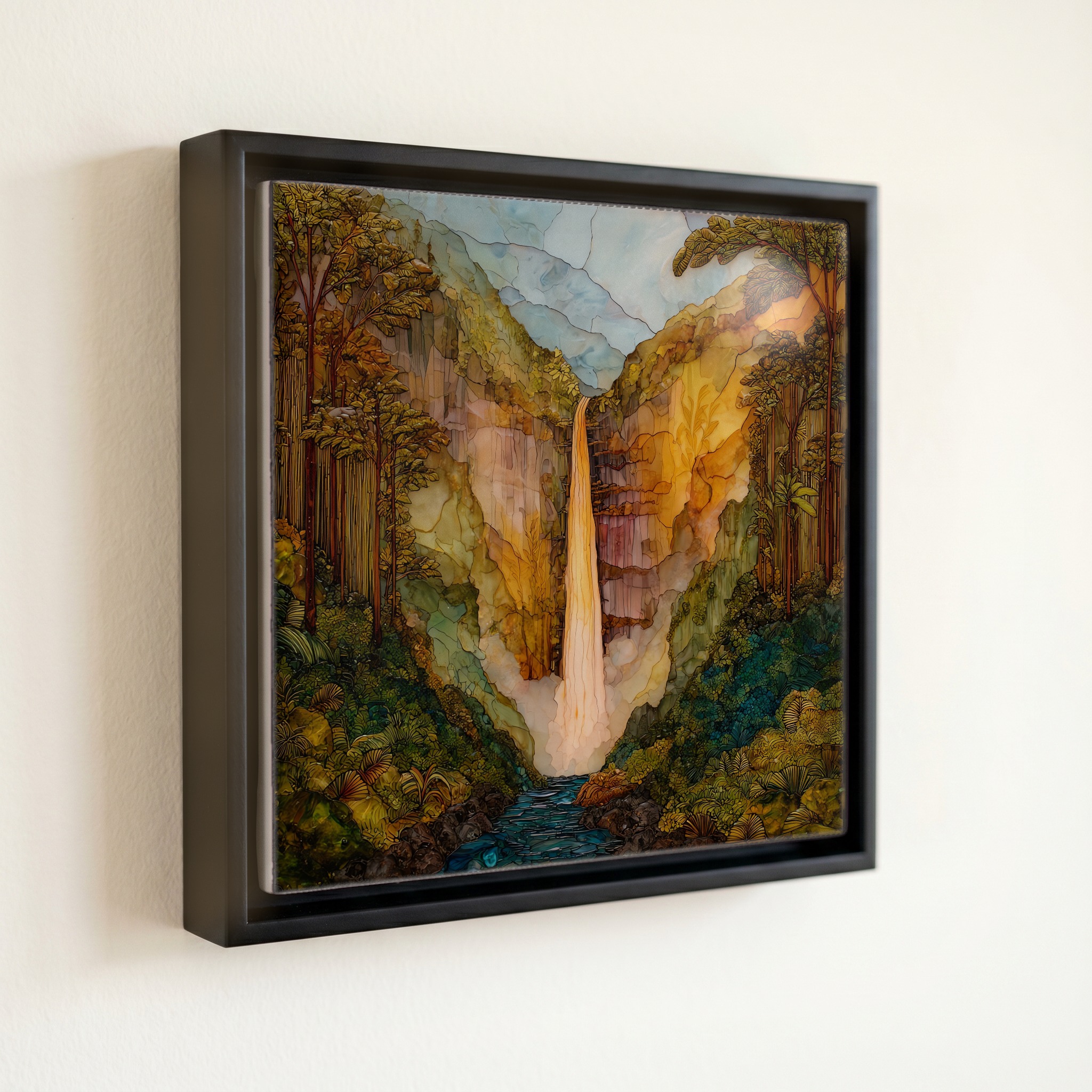 shown in a slim black floating frame · 6 × 6 in