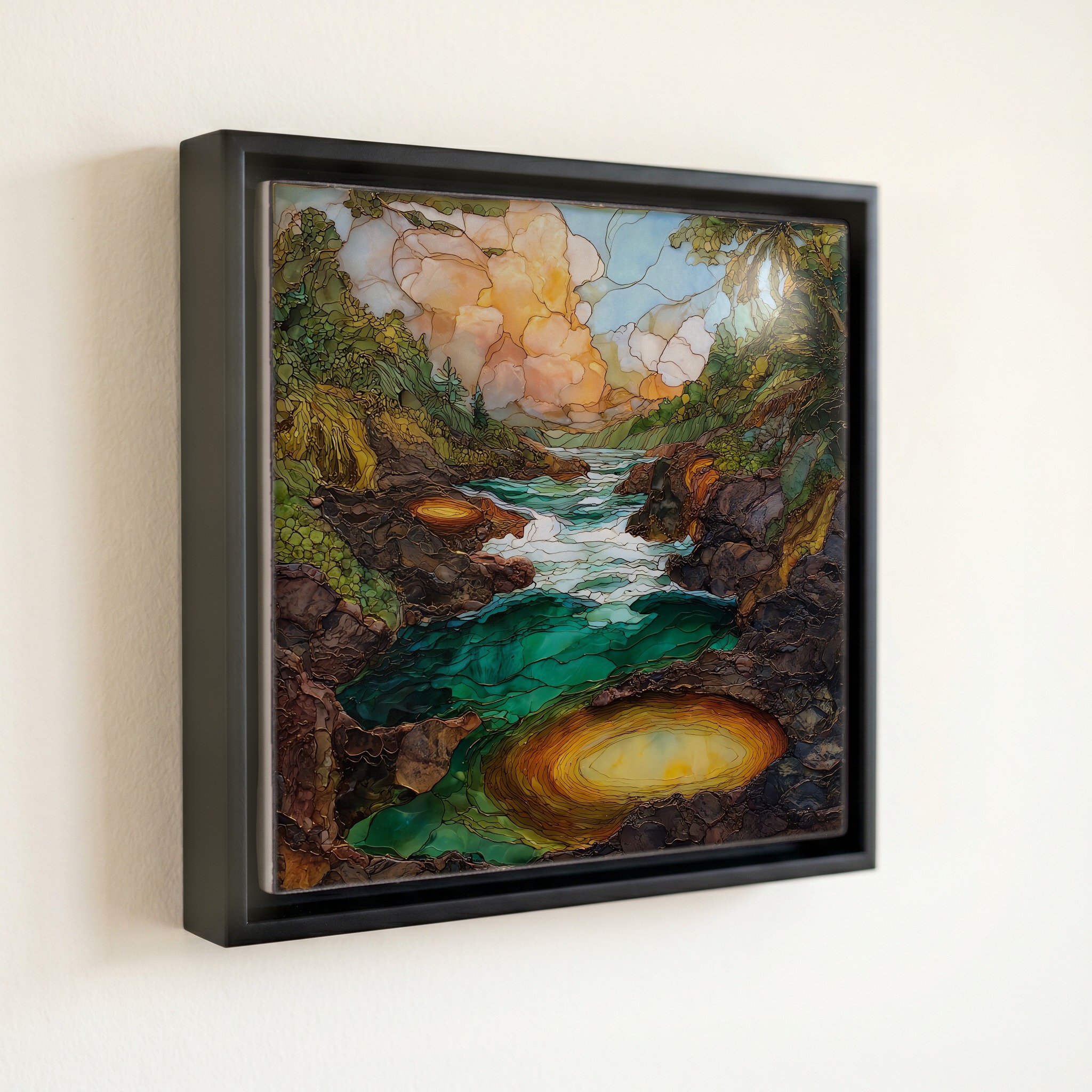shown in a slim black floating frame · 6 × 6 in