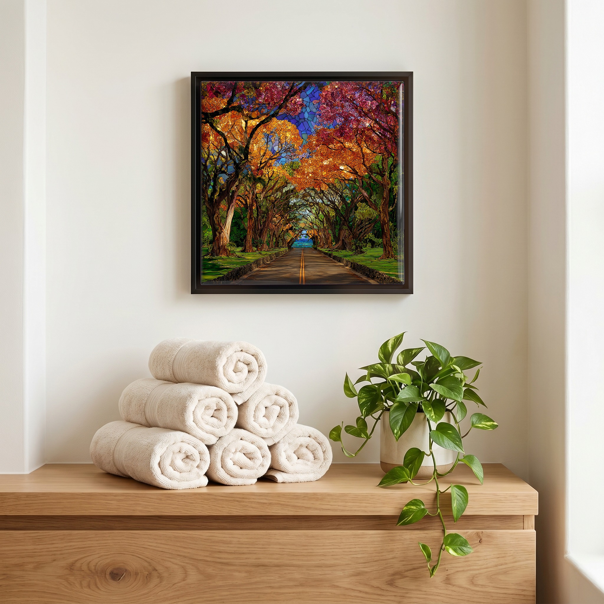 Above the linens, in a slim black surround.
