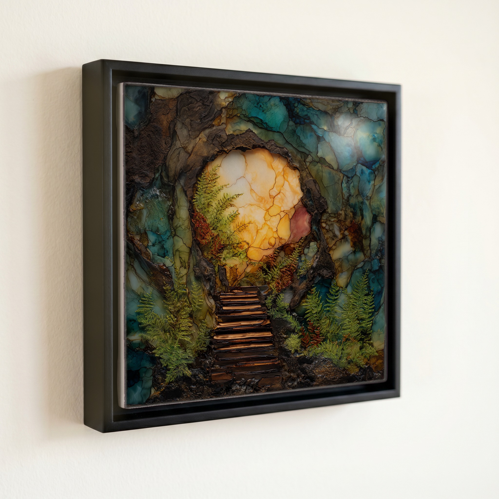 shown in a slim black floating frame · 6 × 6 in