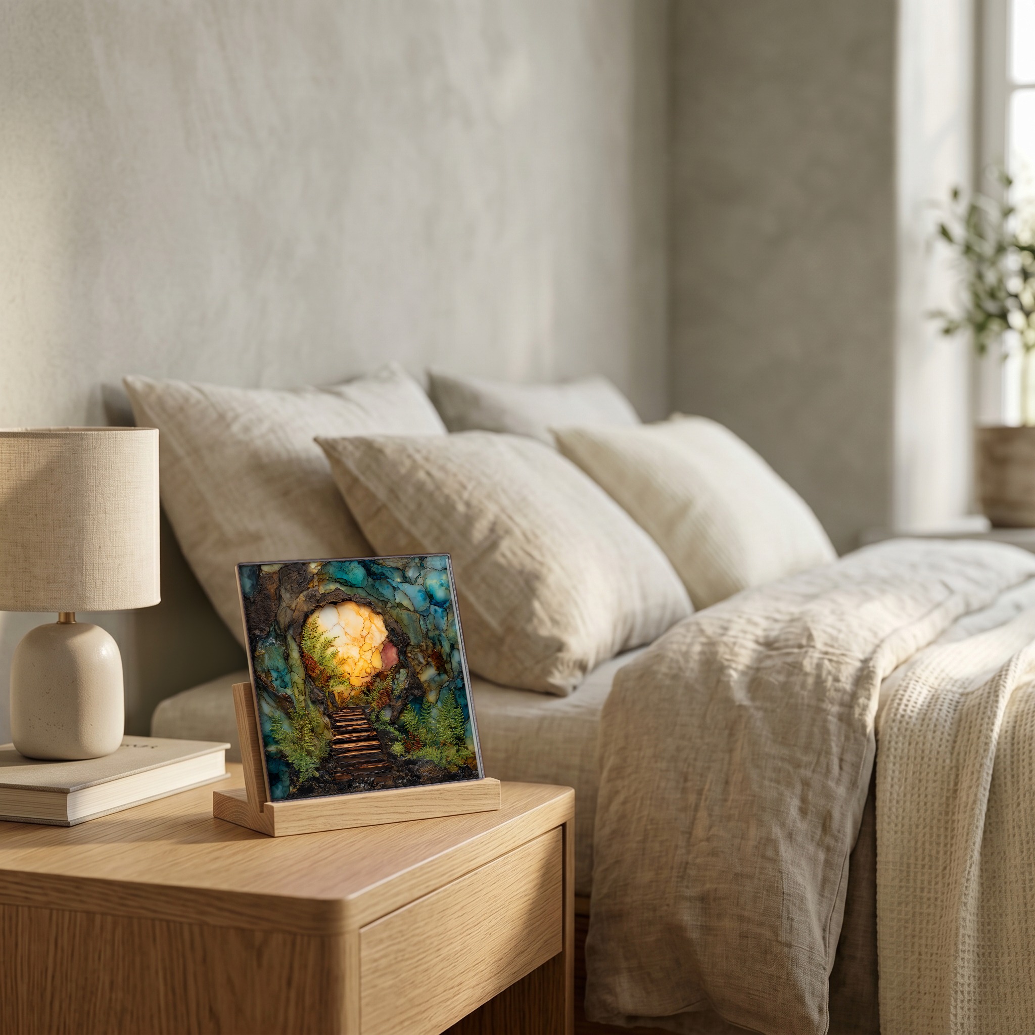 On the nightstand, on a light oak stand.
