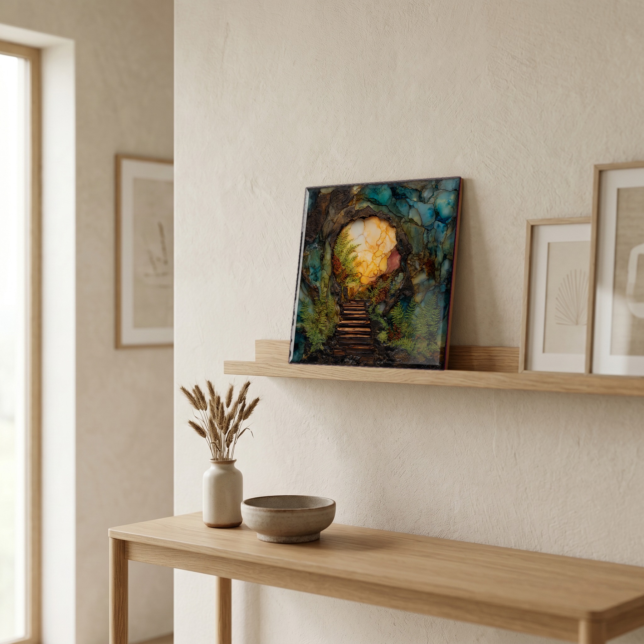 On a picture ledge, where the light comes in.