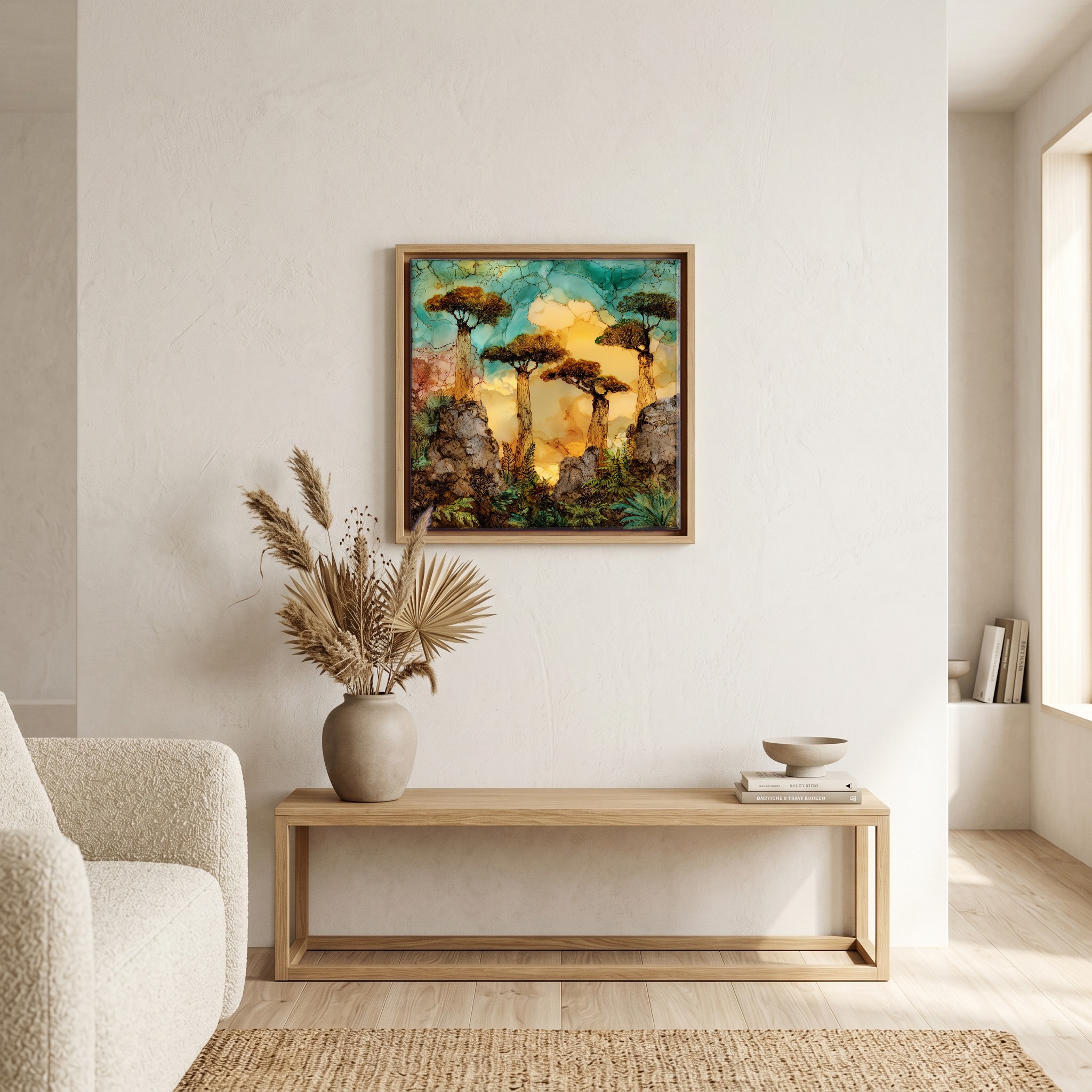 Above the bench, in a warm oak surround.