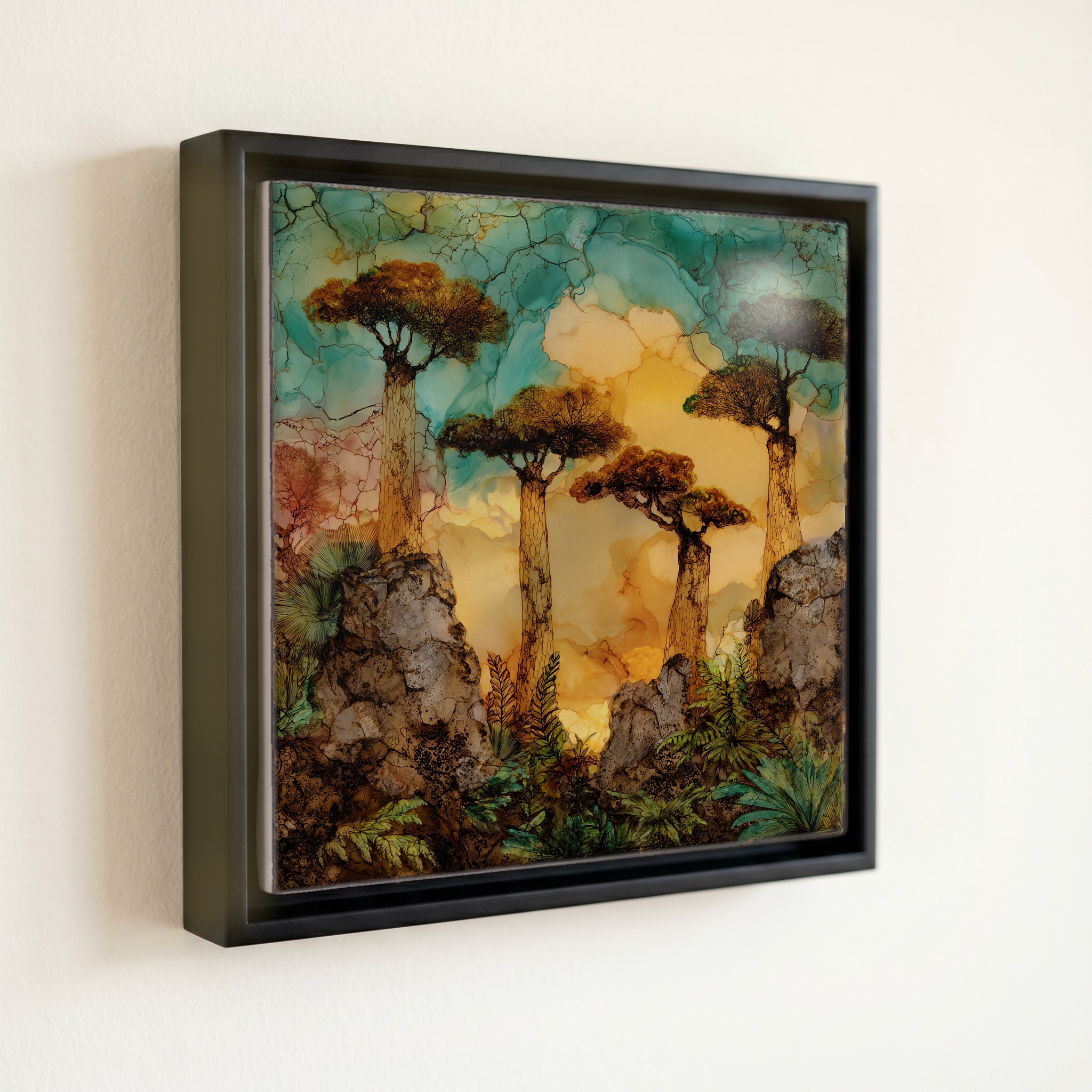 shown in a slim black floating frame · 6 × 6 in