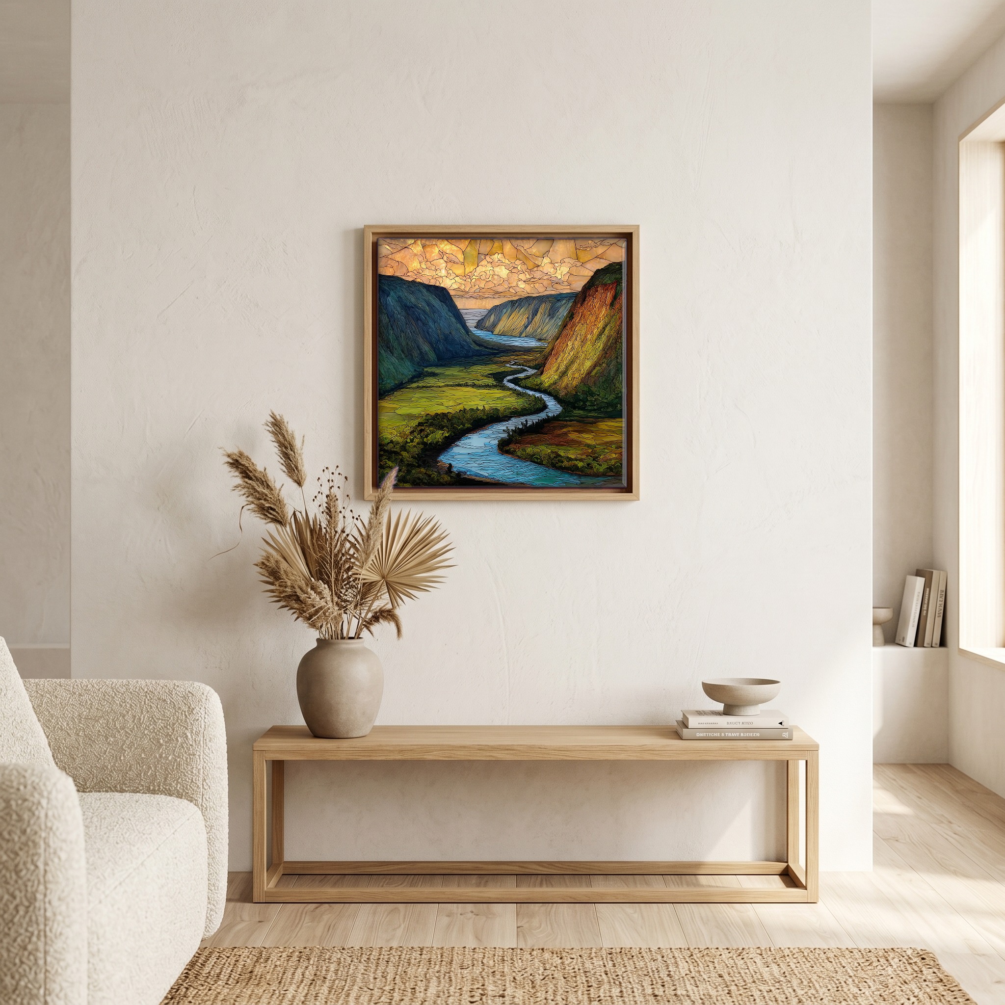 Above the bench, in a warm oak surround.