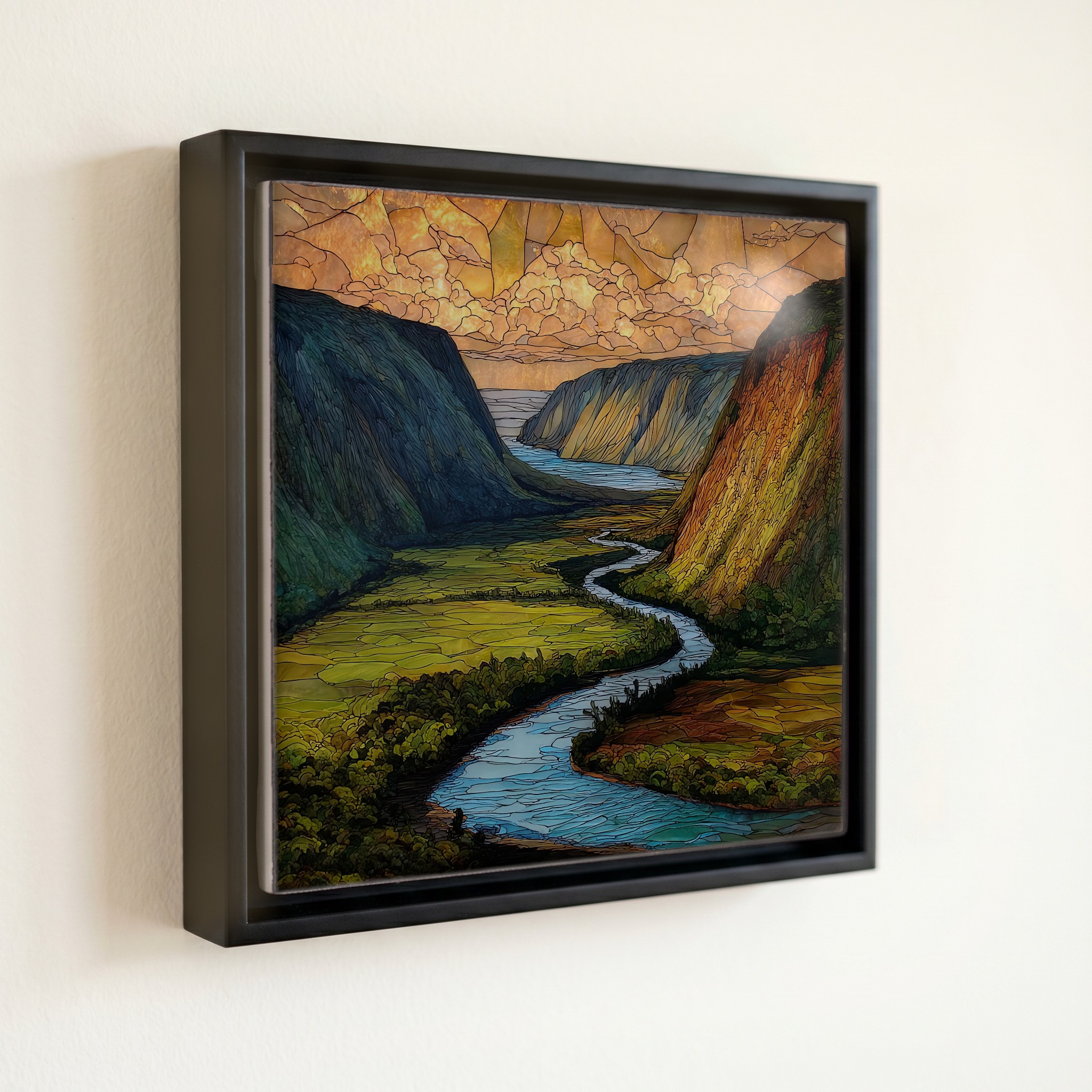shown in a slim black floating frame · 6 × 6 in