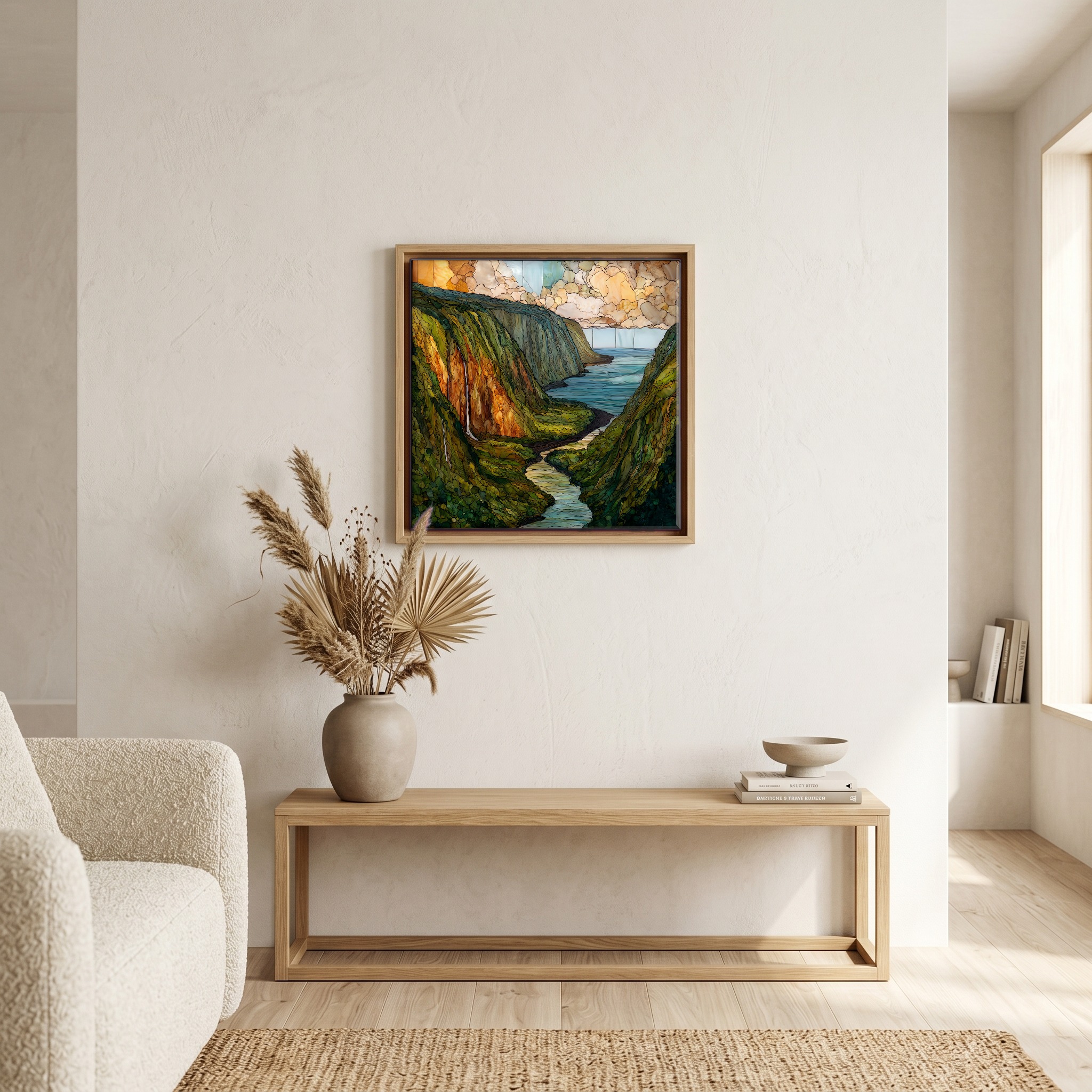 Above the bench, in a warm oak surround.