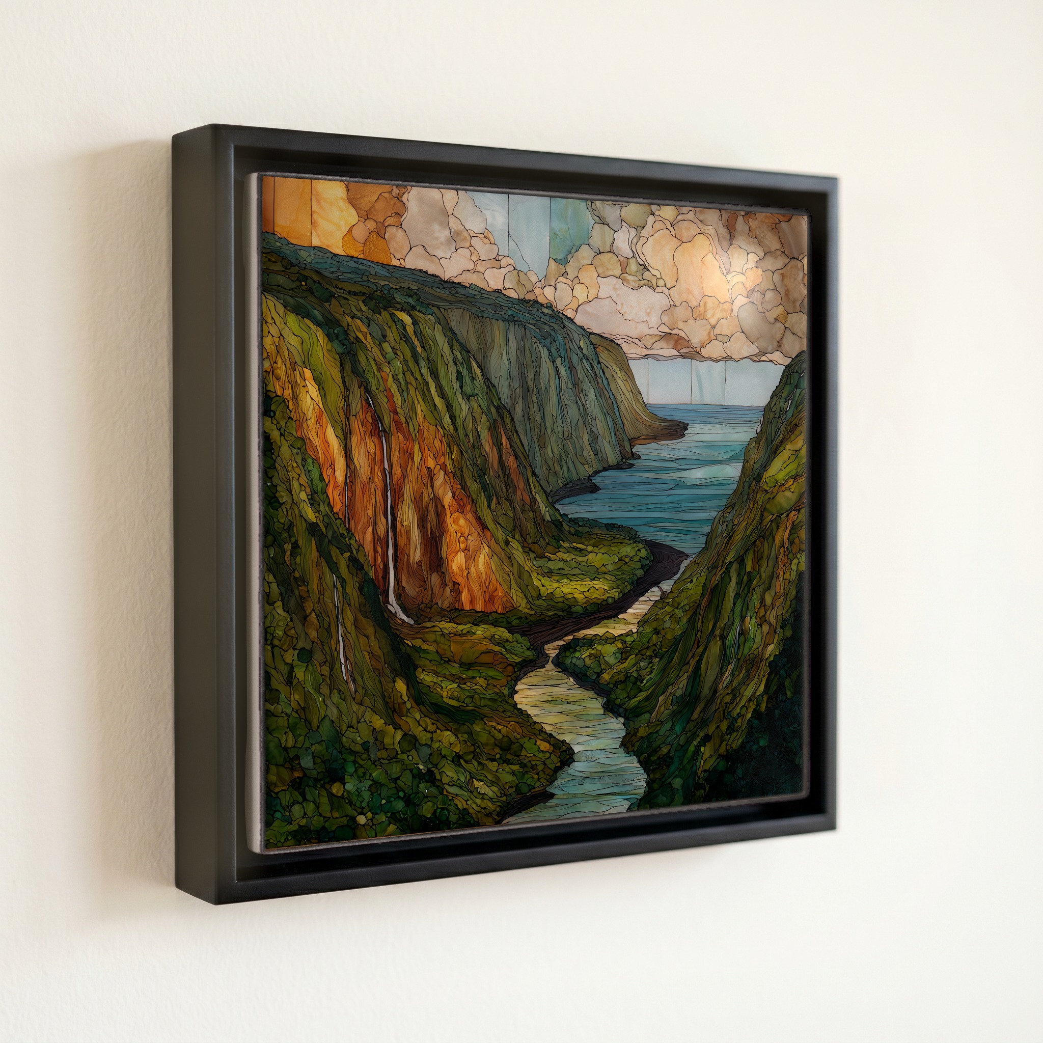 shown in a slim black floating frame · 6 × 6 in