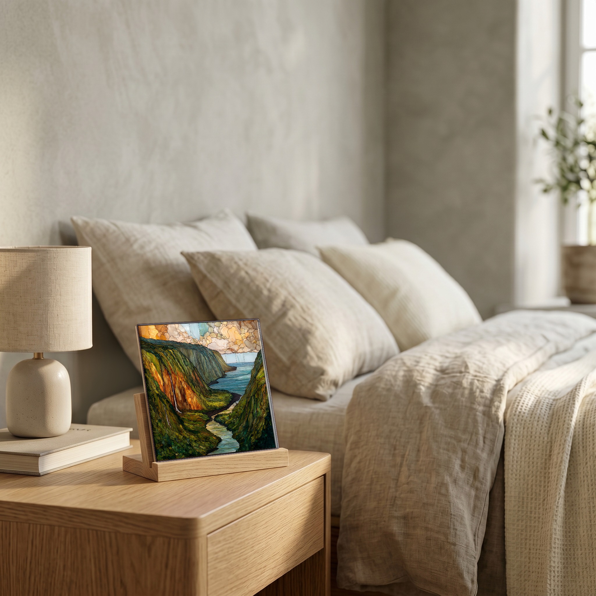 On the nightstand, on a light oak stand.