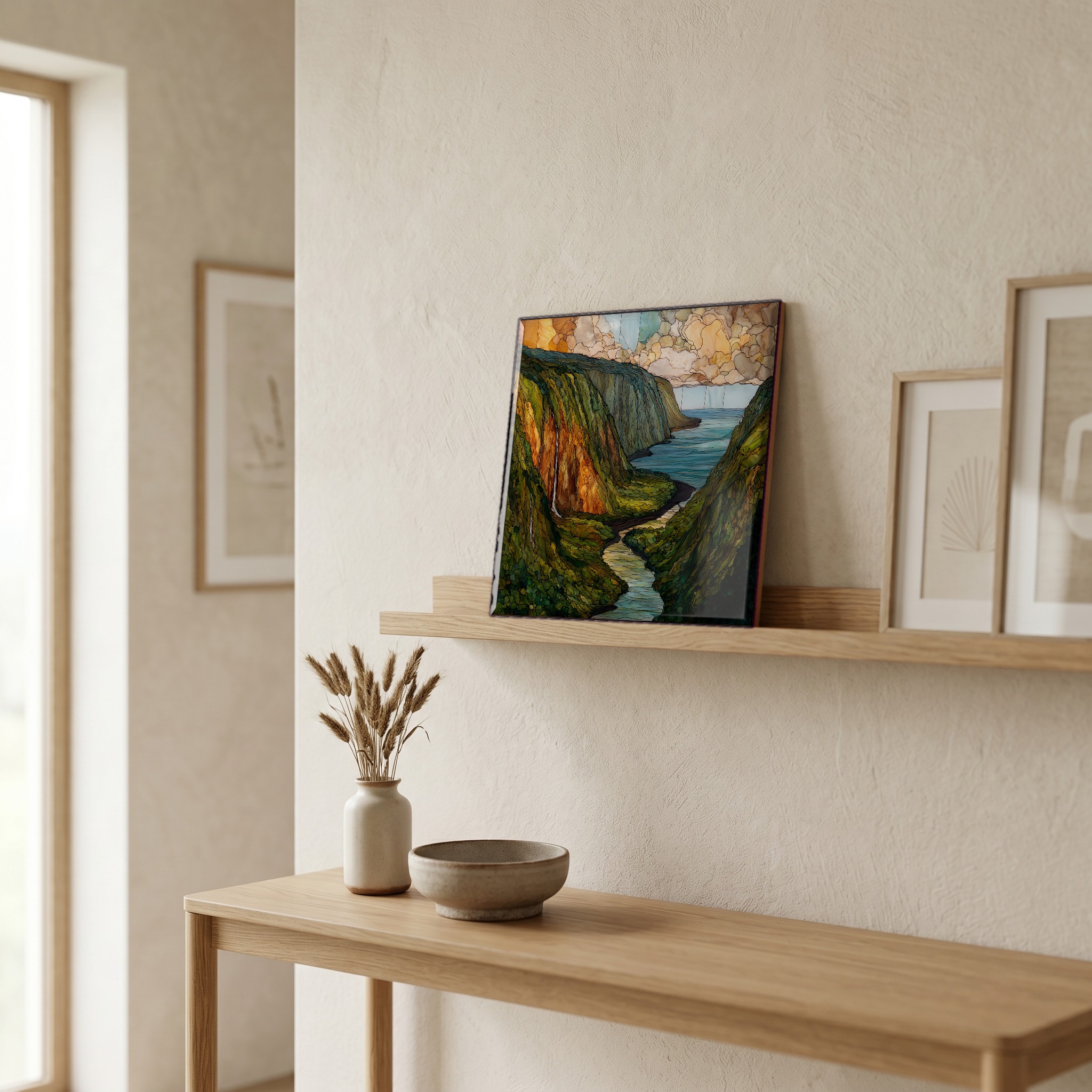 On a picture ledge, where the light comes in.