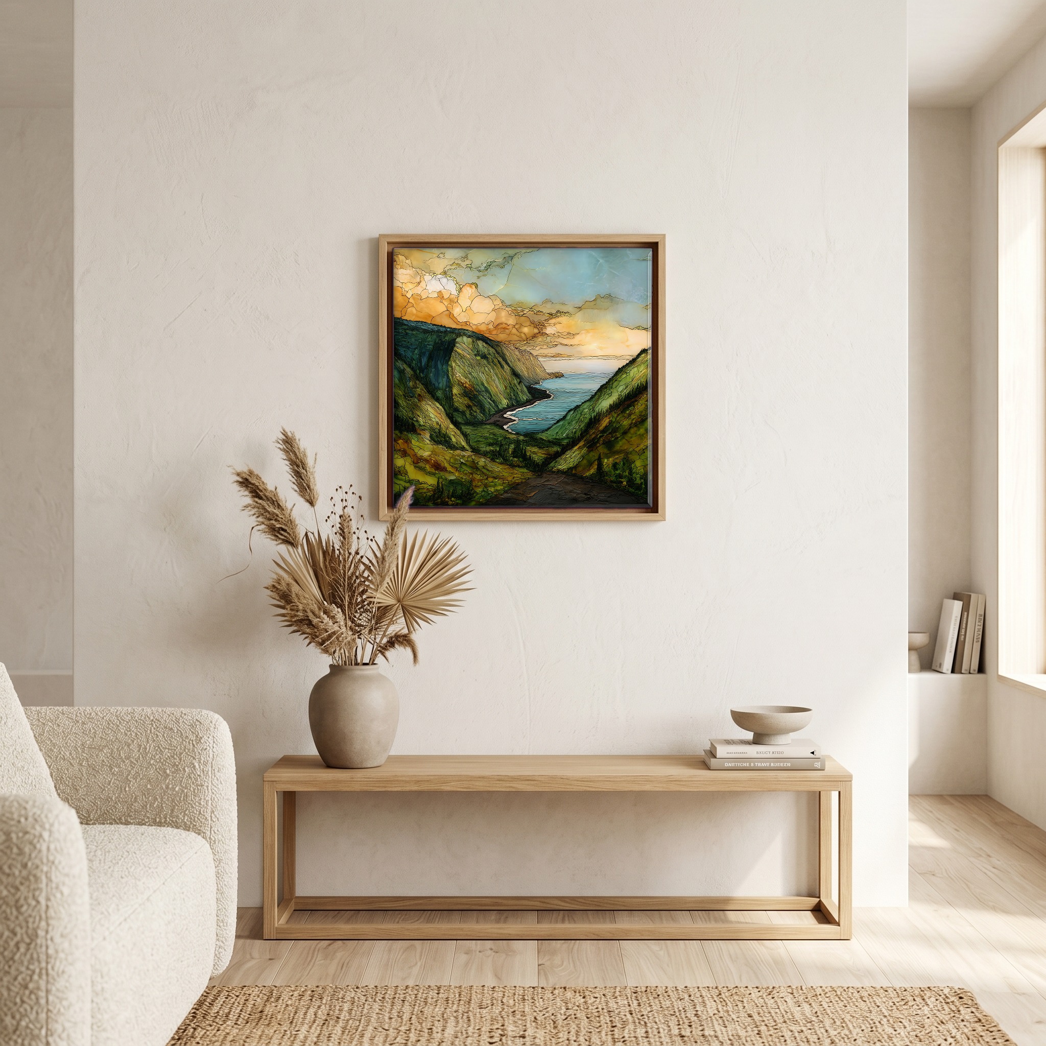 Above the bench, in a warm oak surround.
