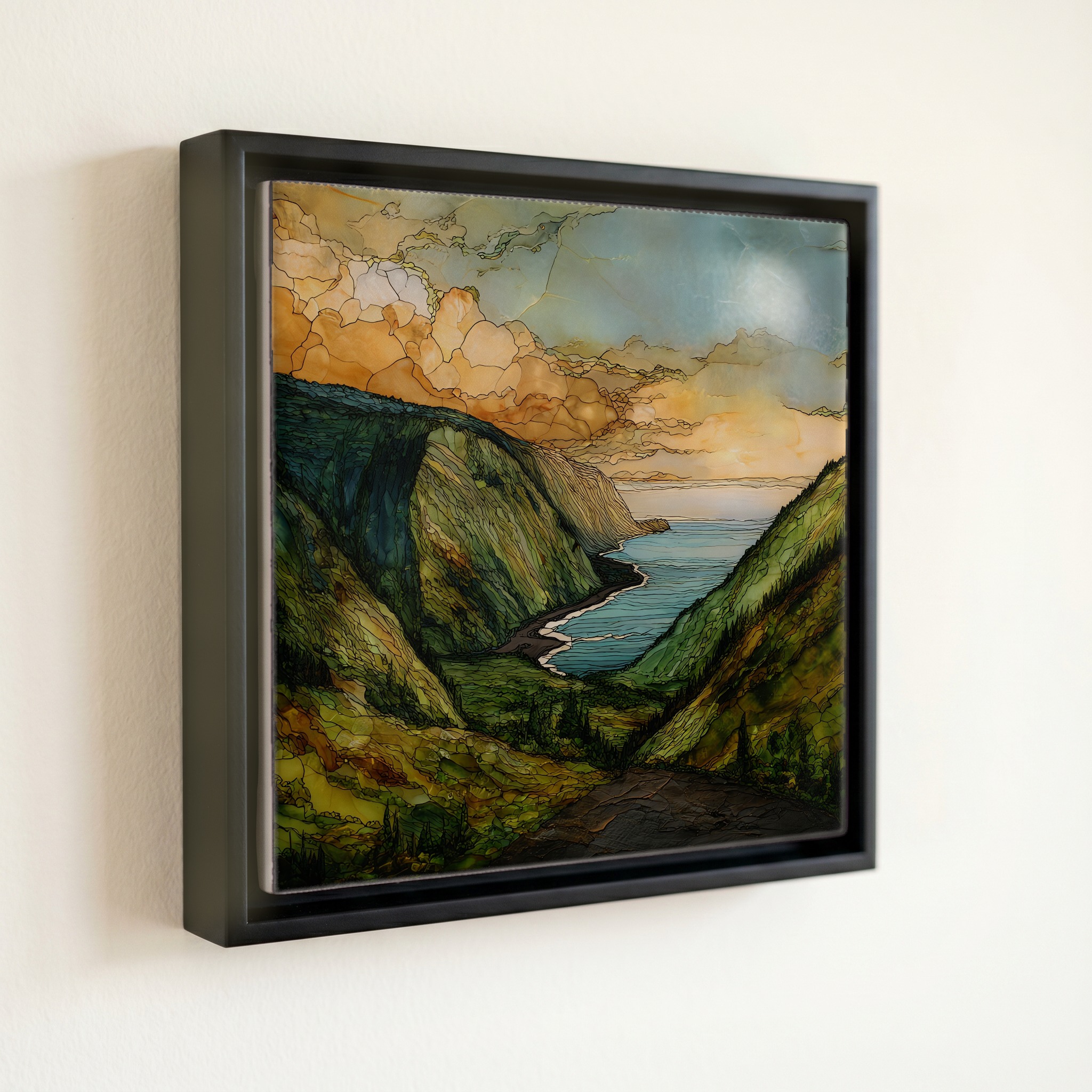 shown in a slim black floating frame · 6 × 6 in