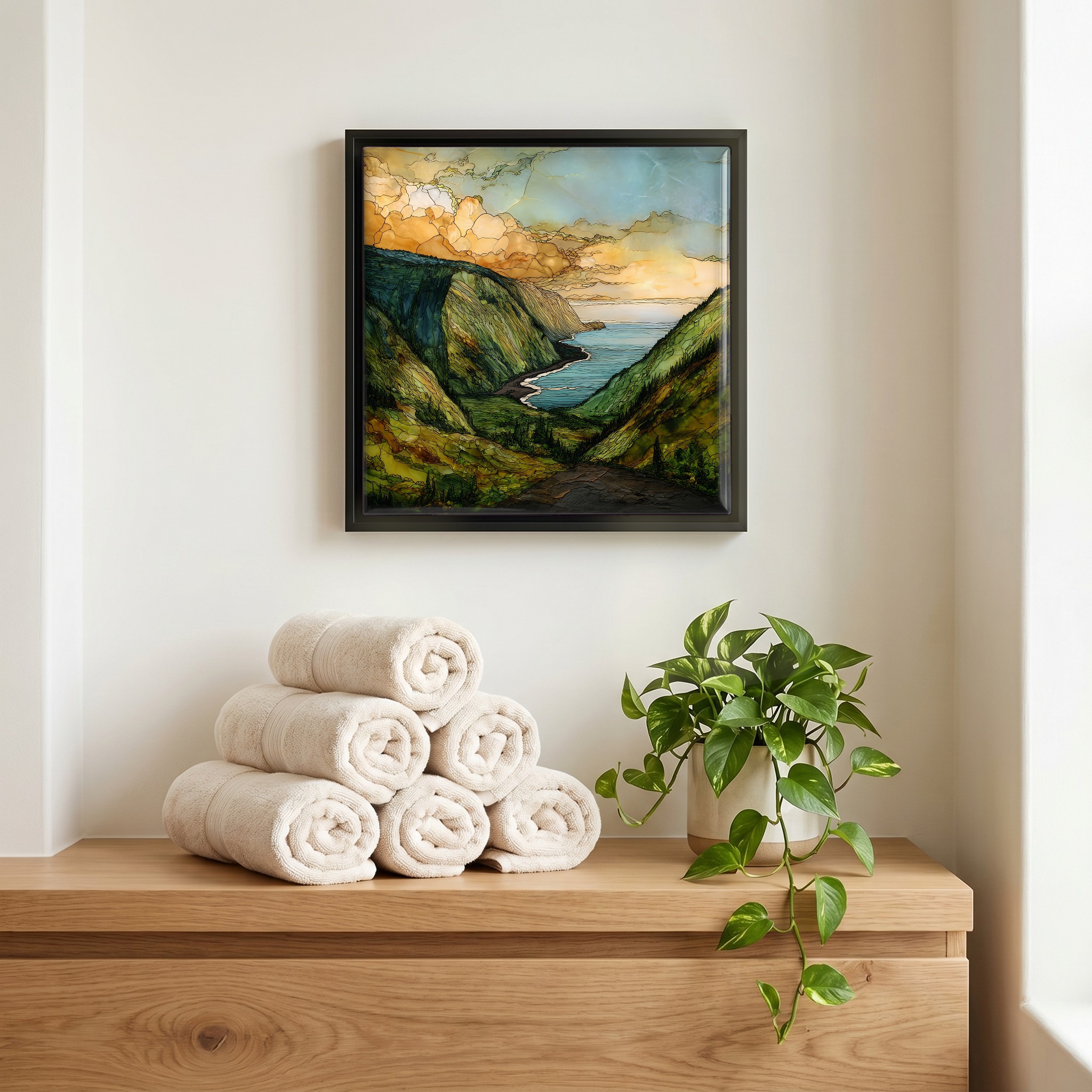 Above the linens, in a slim black surround.