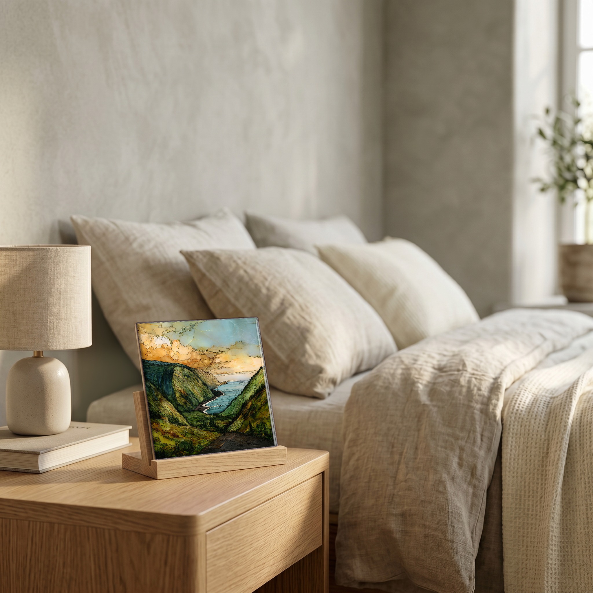 On the nightstand, on a light oak stand.