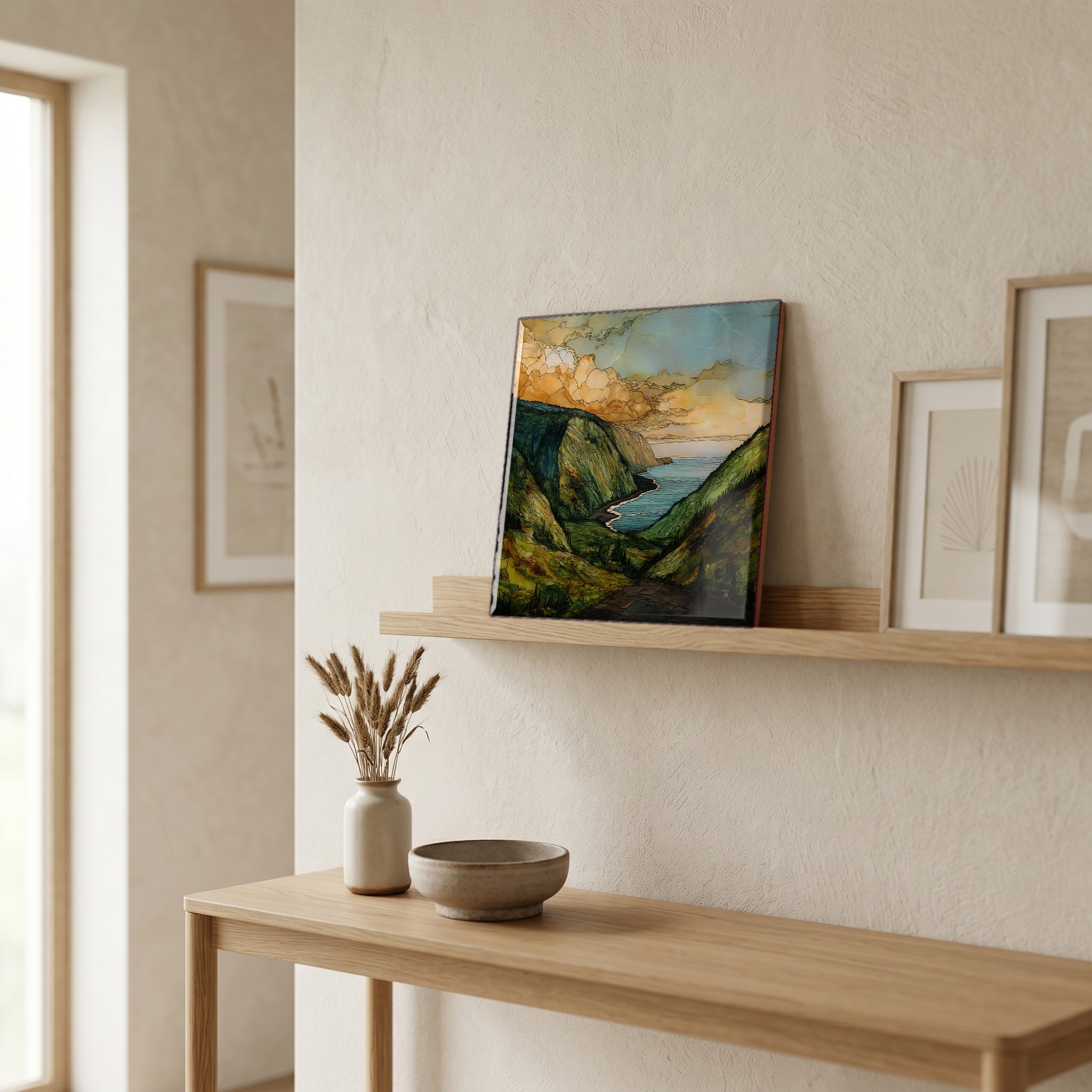 On a picture ledge, where the light comes in.