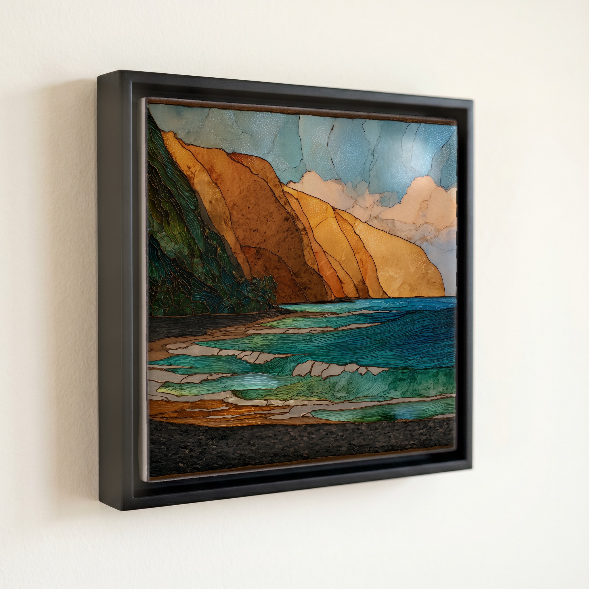 shown in a slim black floating frame · 6 × 6 in