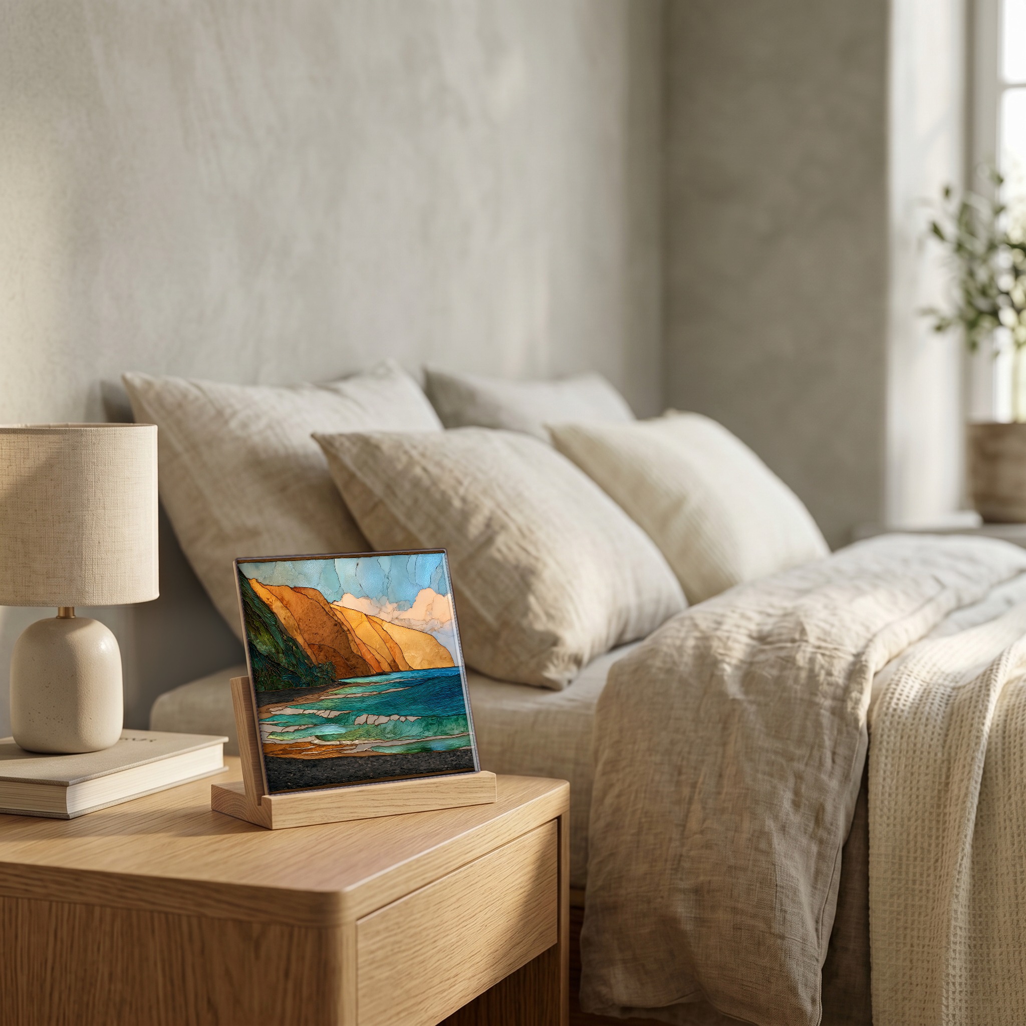 On the nightstand, on a light oak stand.