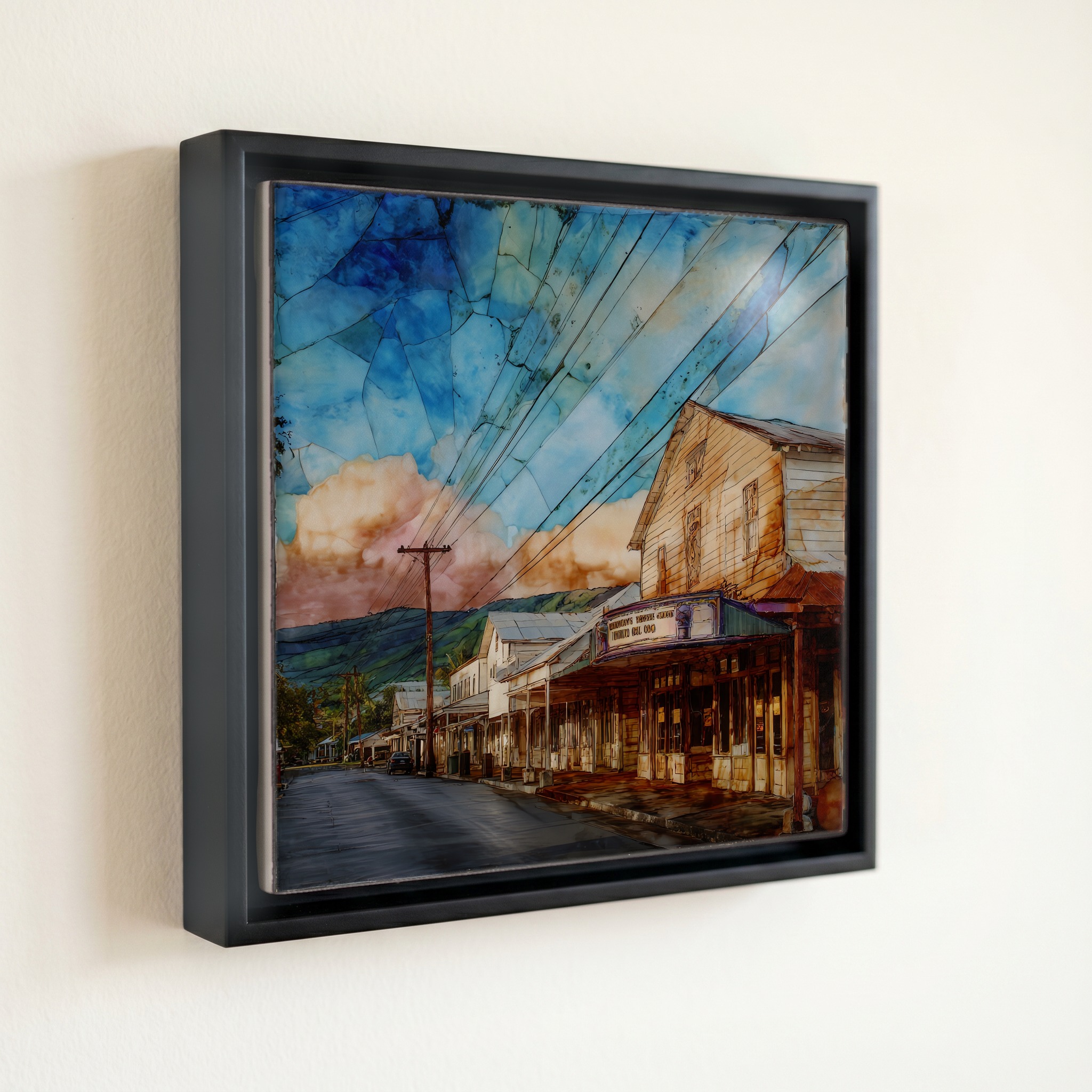 shown in a slim black floating frame · 6 × 6 in