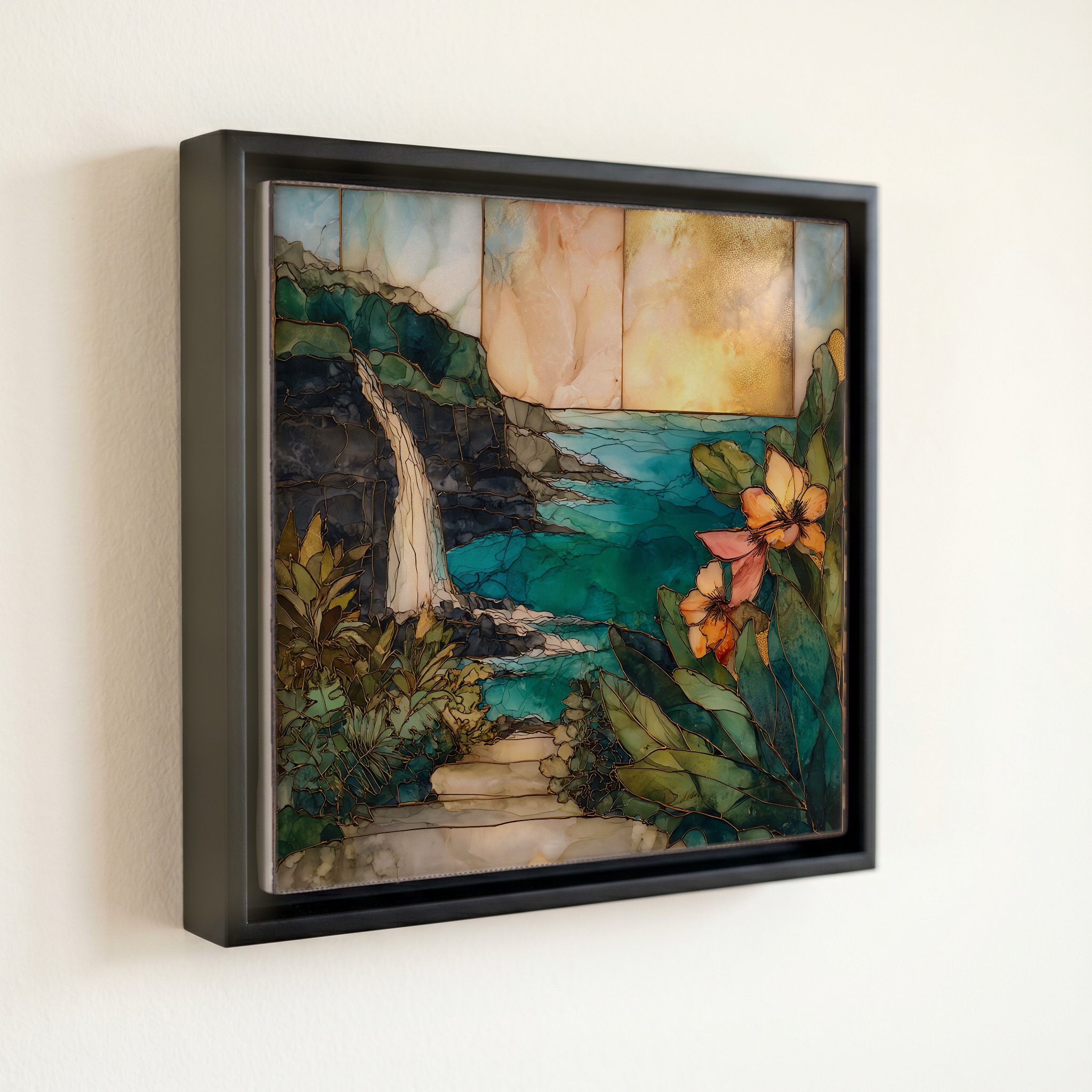shown in a slim black floating frame · 6 × 6 in